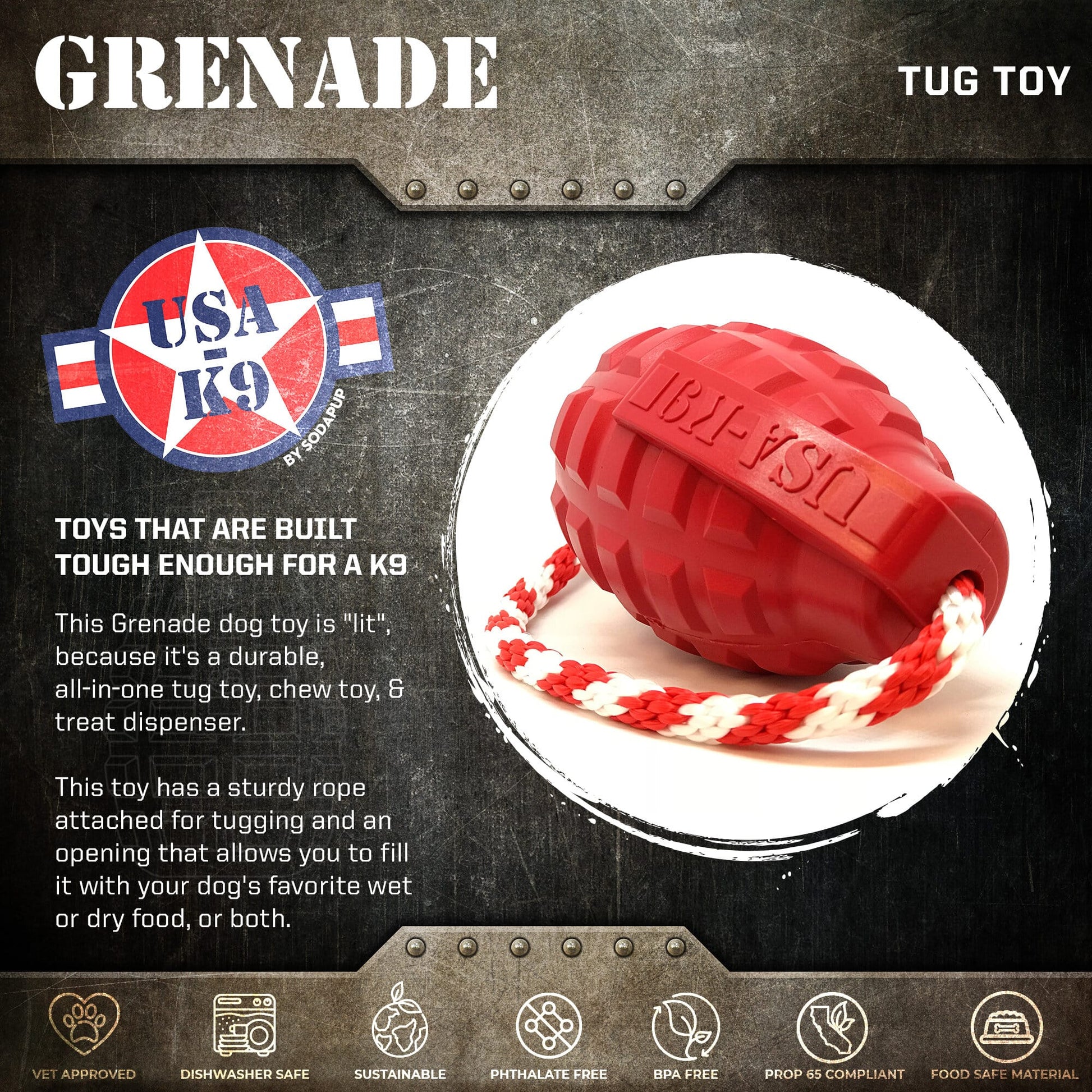 USA-K9 Grenade Rubber Dog Chew Toy | K9 Handler Reward Toy | Blue | USA Made Rubber Dog Toys SodaPup/True Dogs, LLC