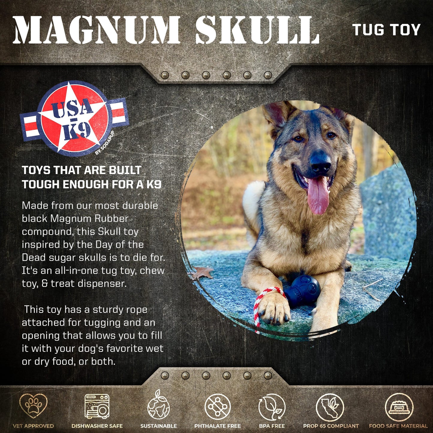 USA-K9 Magnum Skull - Black Magnum Rubber Chew Toy for Extreme Chewers | USA Made Rubber Dog Toys SodaPup/True Dogs, LLC
