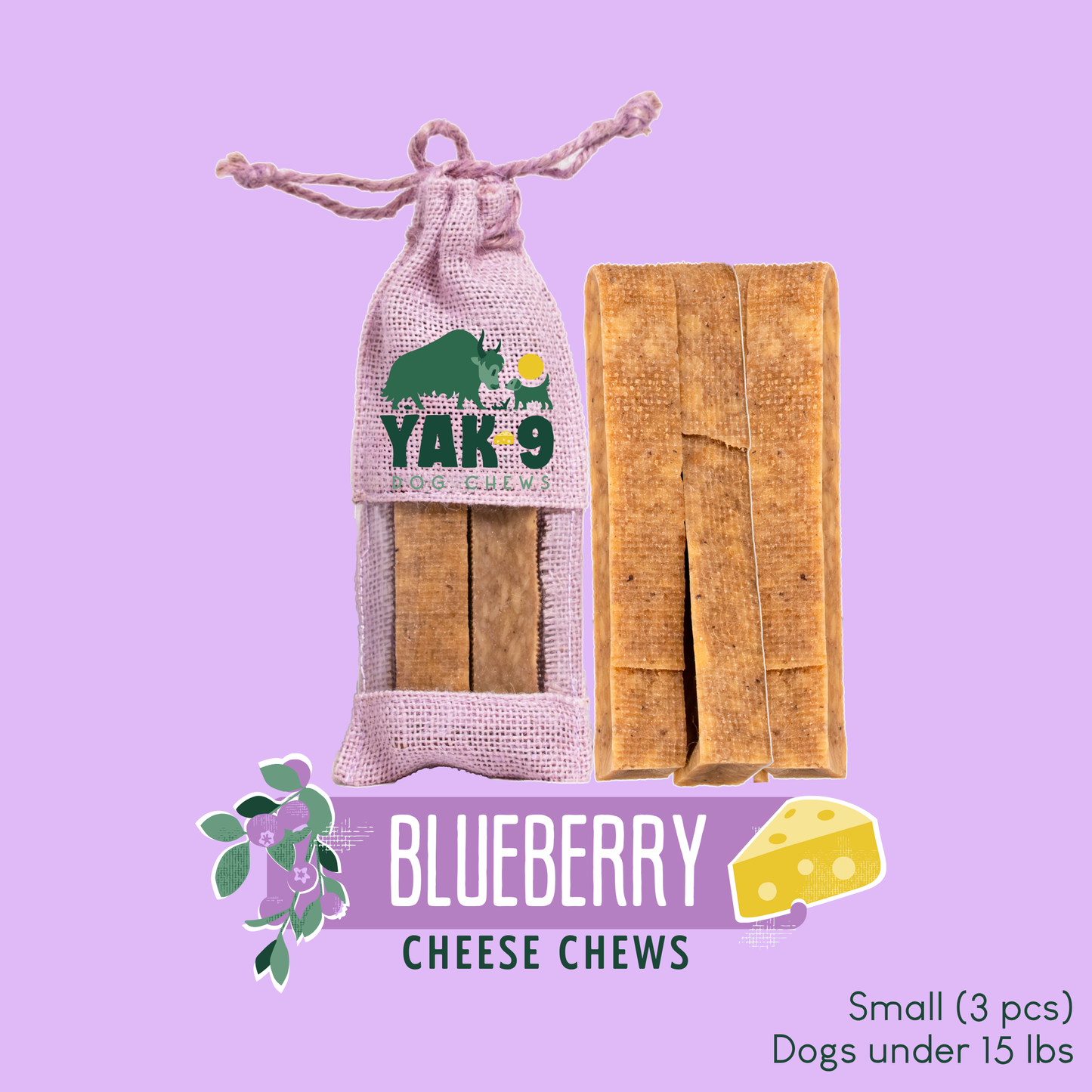 Blueberry Cheese Chews for Dogs Small (1.1oz) 3 pack BLUEBERRY YAK CHEWS Yak9 Chews