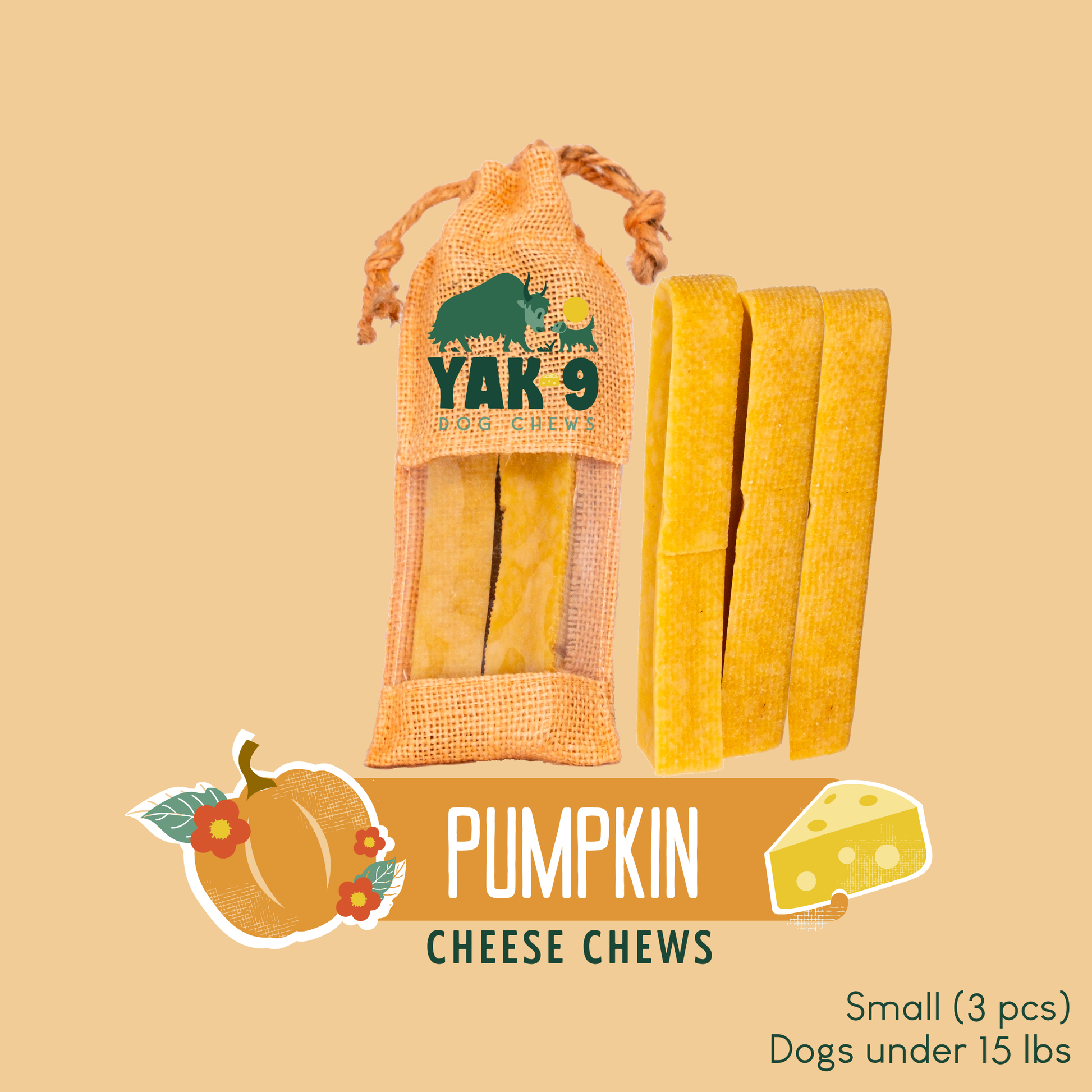 Pumpkin Cheese Chews for Dogs Small (1.1oz) PUMPKIN YAK CHEWS Yak9 Chews