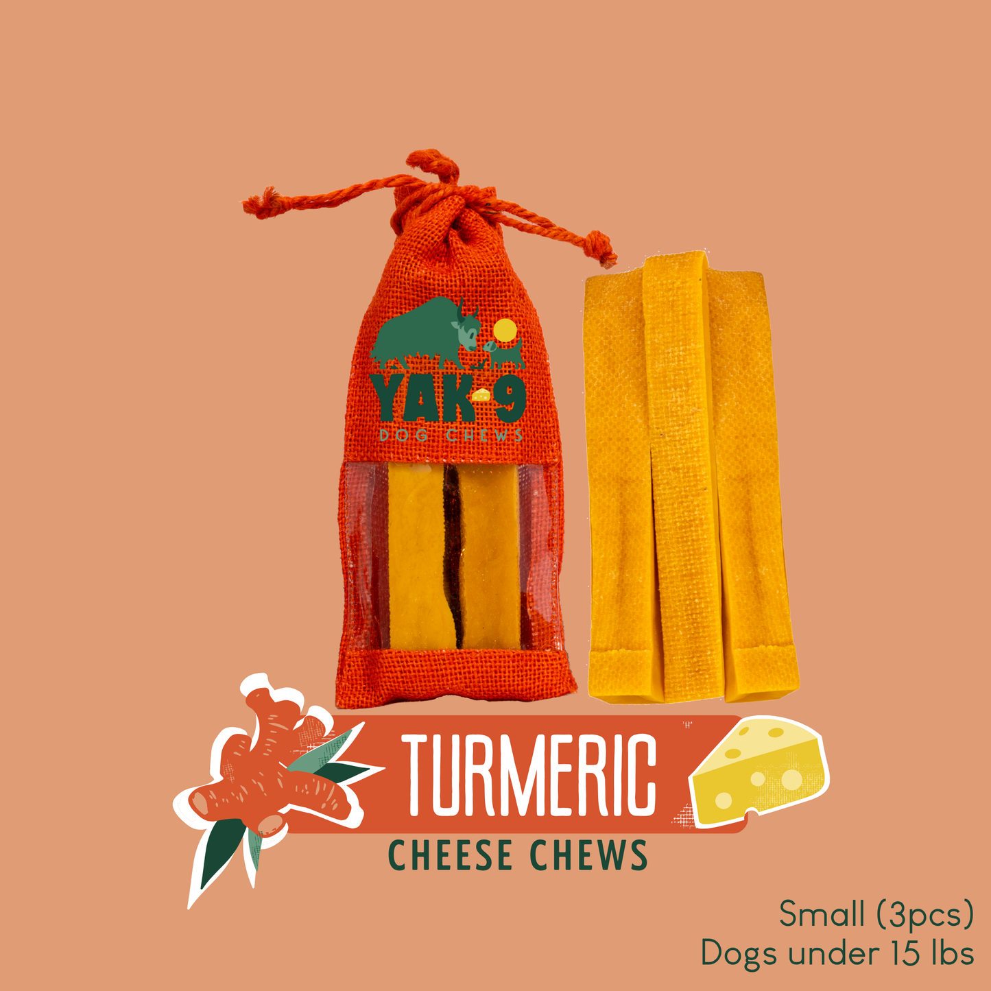Turmeric Cheese Chews for Dogs Small (1.1oz) 3 pack TURMERIC YAK CHEWS Yak9 Chews