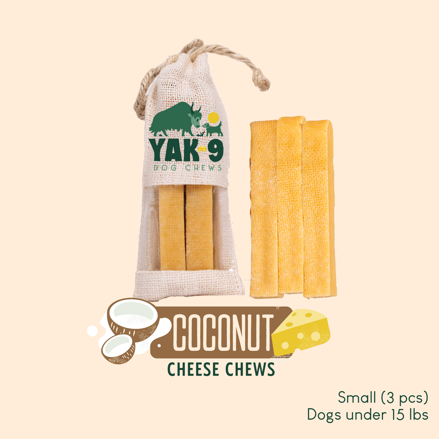 Coconut Cheese Chews for Dogs Small (1.1oz) 3 pack COCONUT YAK CHEWS Yak9 Chews