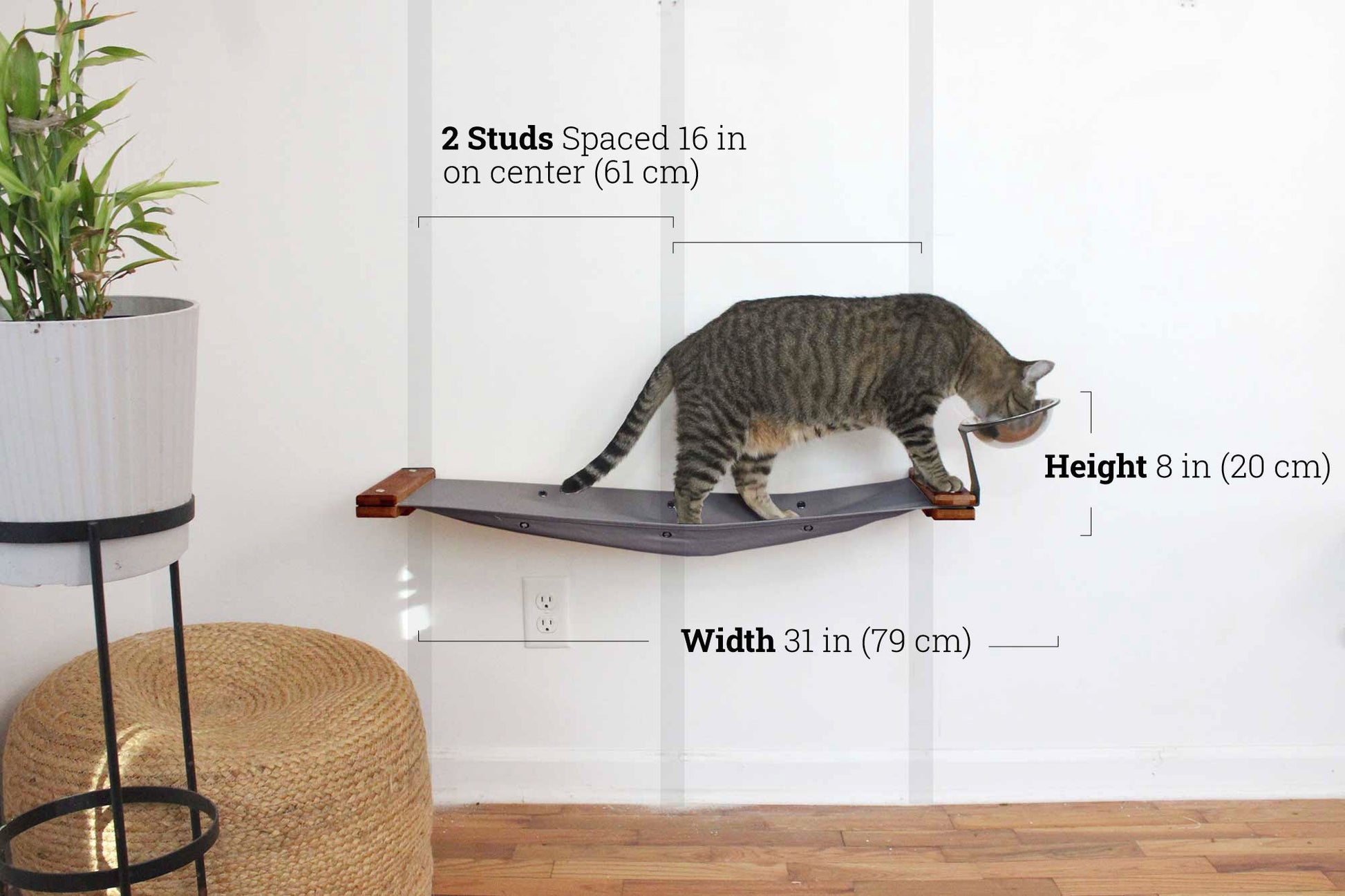 Dog Proof Cat Feeder - Wall-Mounted - Raised Elevated English Chestnut Bamboo Charcoal Gray Canvas 32" Cat Hammock Catastrophic Creations
