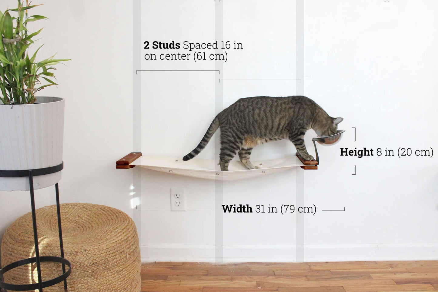 Dog Proof Cat Feeder - Wall-Mounted - Raised Elevated English Chestnut Bamboo Natural Canvas 32" Cat Hammock Catastrophic Creations