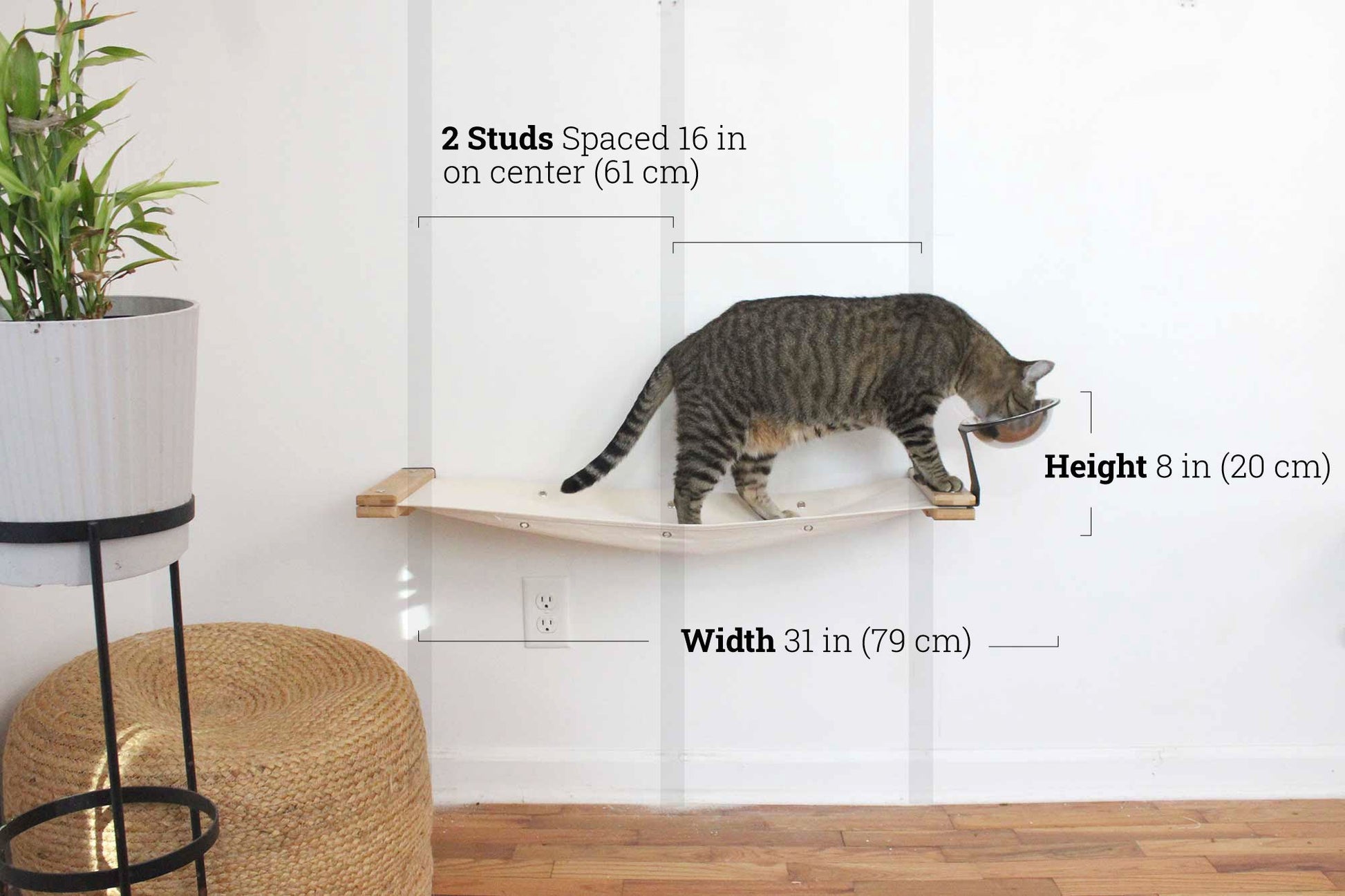 Dog Proof Cat Feeder - Wall-Mounted - Raised Elevated Natural Bamboo Natural Canvas 32" Cat Hammock Catastrophic Creations