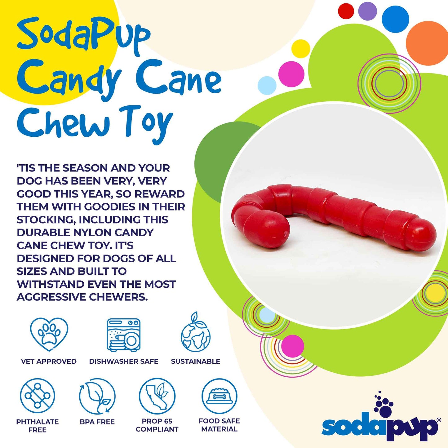 Candy Cane Nylon Dog Toy for Aggressive Chewers | USA Made | SodaPup Nylon Dog Toys SodaPup/True Dogs, LLC