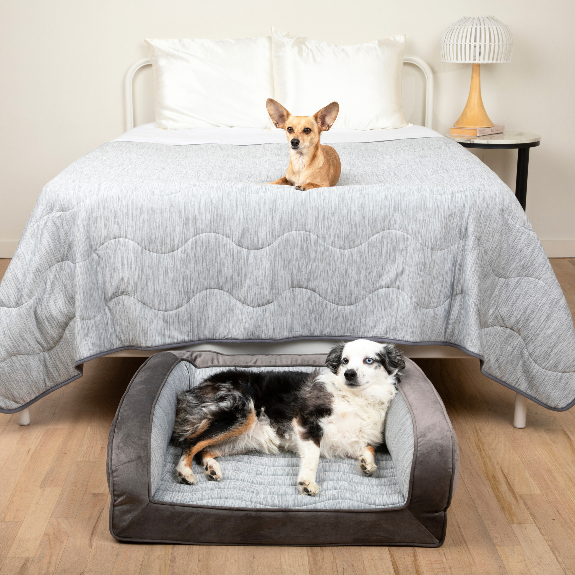 PupChill™ Cooling Bolster Dog Bed + Waterproof Blanket Bundle - Arctic Grey Medium Bed (29" L x 24" W) + Large Blanket (60" L x 82" W) Paw