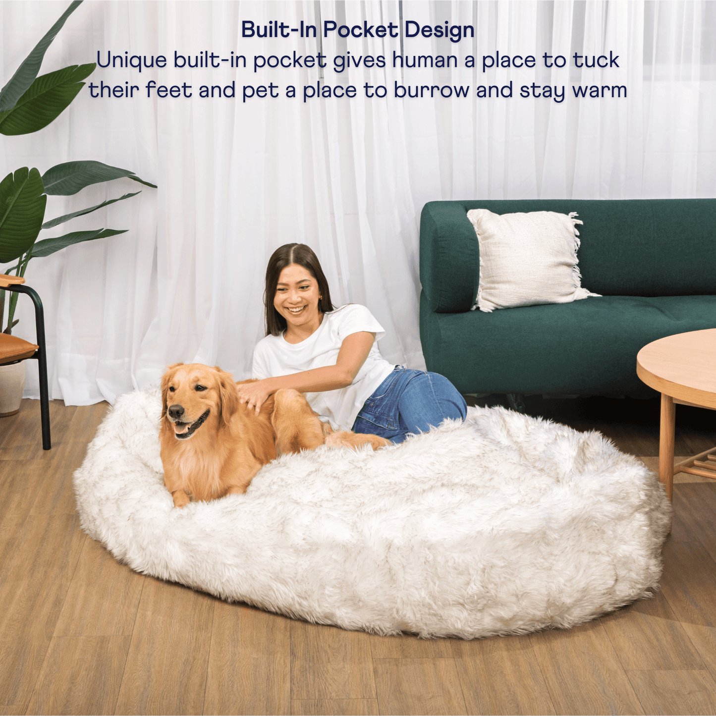 PupCloud™ Human-Size Faux Fur Memory Foam Dog Bed - White with Brown Accents Paw