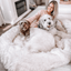 PupCloud™ Human-Size Faux Fur Memory Foam Dog Bed - White with Brown Accents Paw
