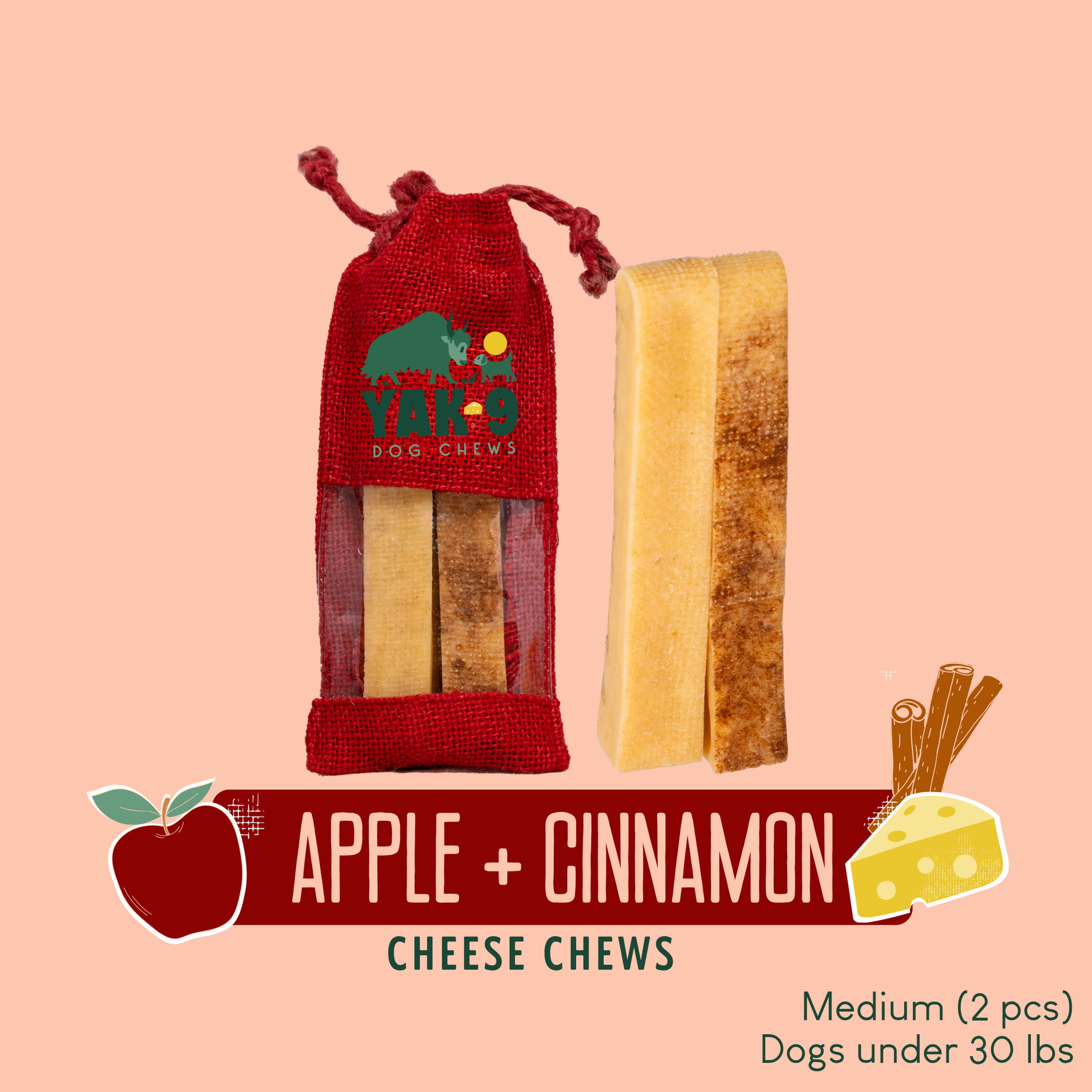 Apple & Cinnamon Chews for Dogs Medium (2.3oz) 2 pack Apple & Cinnamon Chews Yak9 Chews