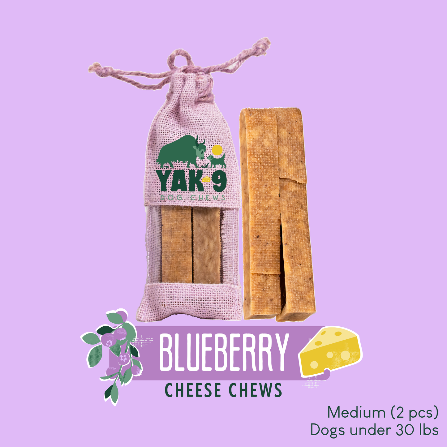 Blueberry Cheese Chews for Dogs Medium (2.3oz) 2 pack BLUEBERRY YAK CHEWS Yak9 Chews