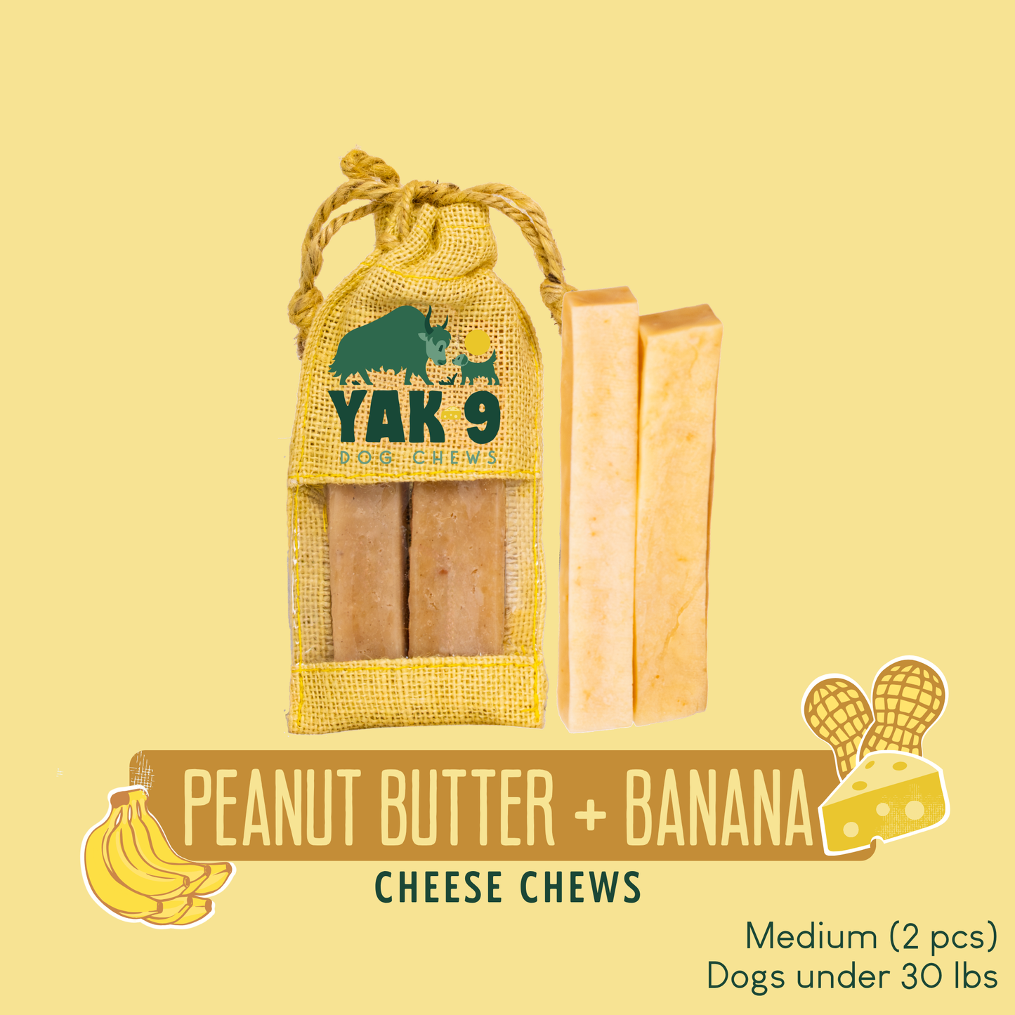 Peanut Butter & Banana Chews for Dogs Medium (2.3oz) Peanut Butter Banana Chews Yak9 Chews