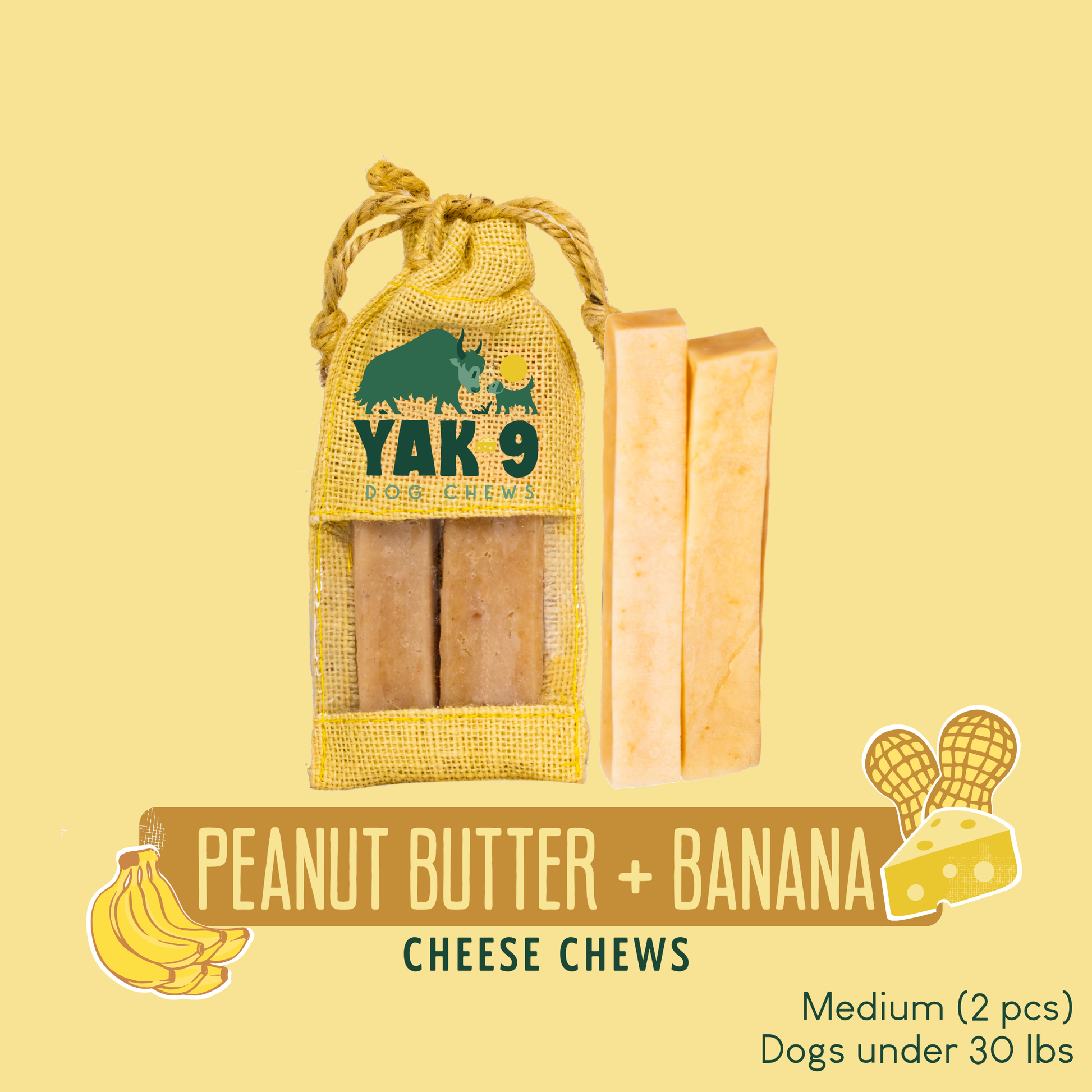 Peanut Butter & Banana Chews for Dogs Medium (2.3oz) Peanut Butter Banana Chews Yak9 Chews