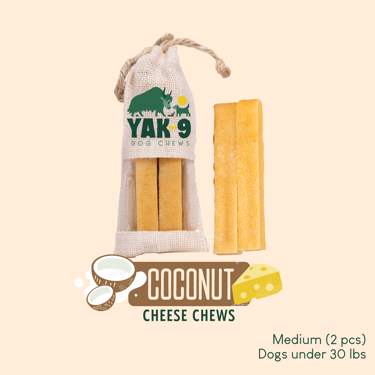 Coconut Cheese Chews for Dogs Medium (2.3oz) 2 pack COCONUT YAK CHEWS Yak9 Chews