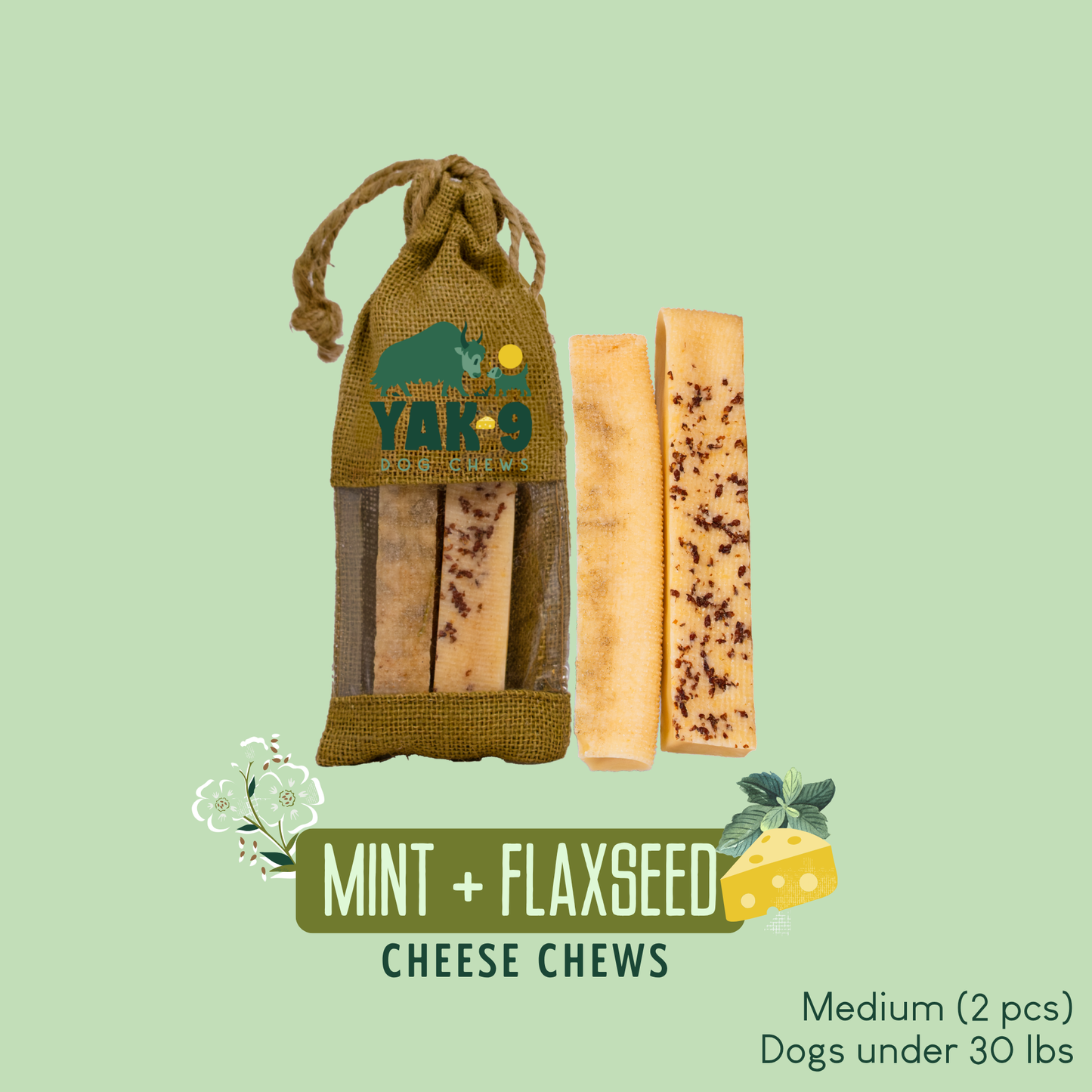 Flaxseed & Mint Cheese Chews for Dogs Medium (2.3oz) 2 pack FLAXSEED YAK CHEWS Yak9 Chews
