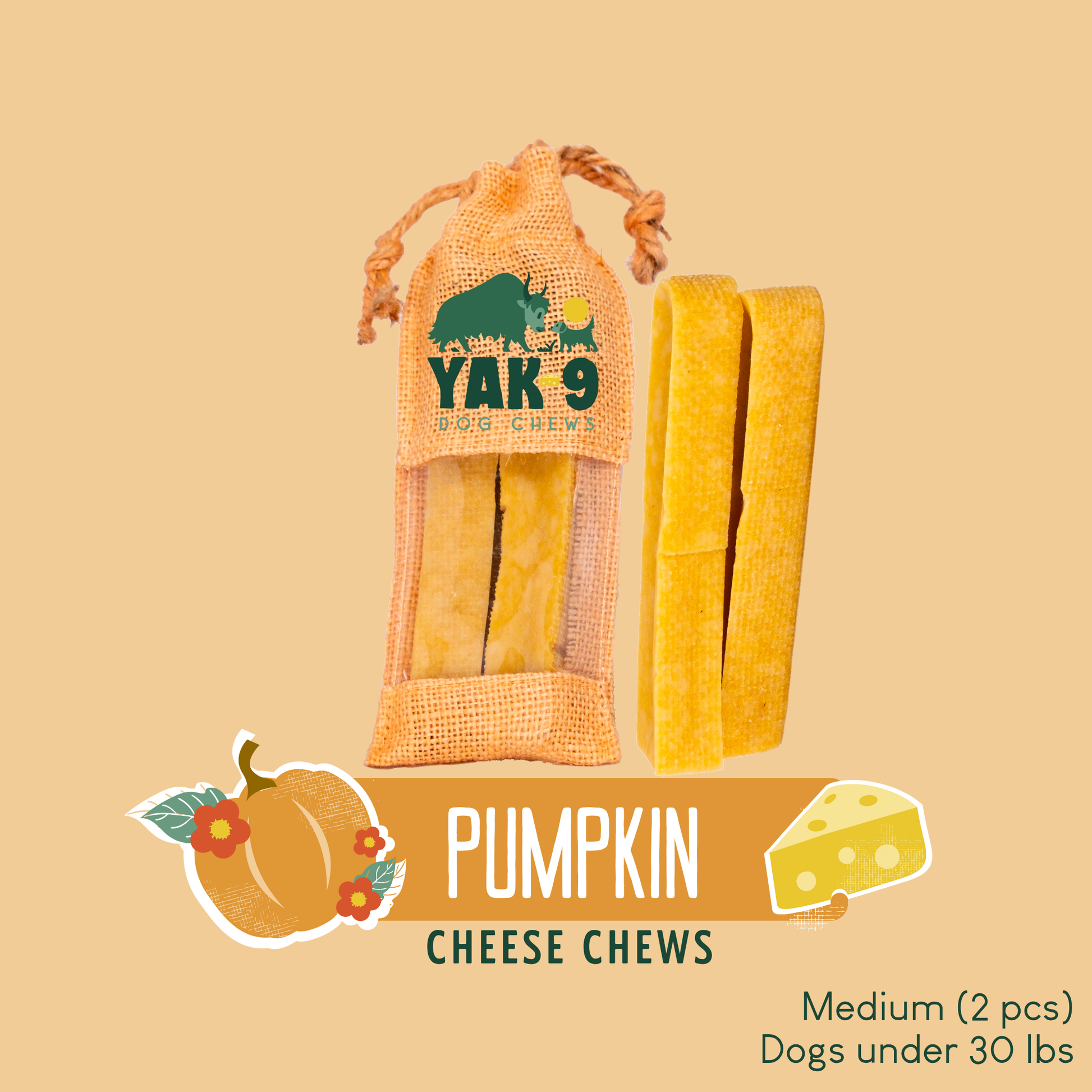 Pumpkin Cheese Chews for Dogs Medium (2.3oz) PUMPKIN YAK CHEWS Yak9 Chews