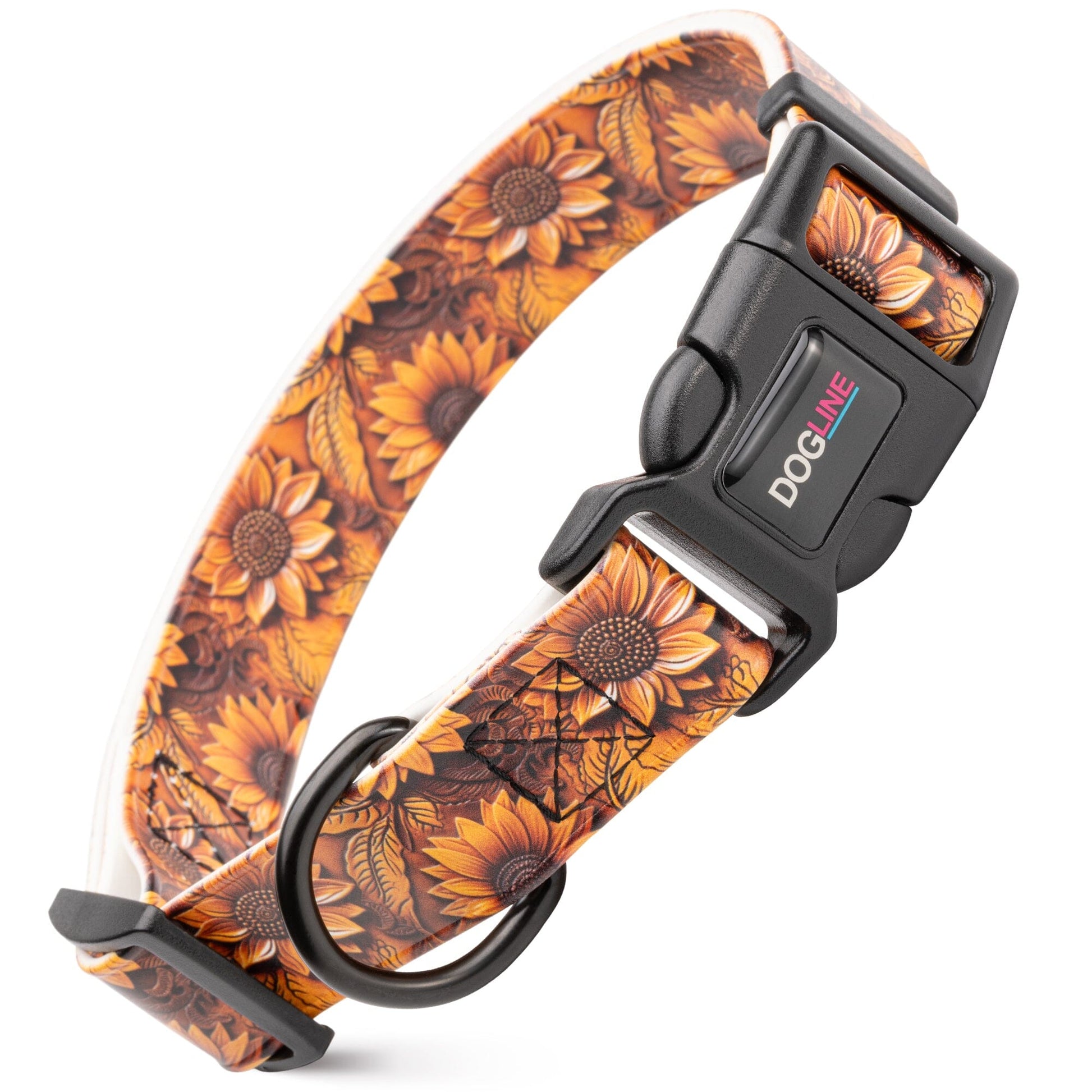 Dogline Biothane Full Color Design Printed Dog Collar with Quick Release Buckle Carved Leather - Sunflowers W 3 4" x L 12"-19" Dog Collars Dogline