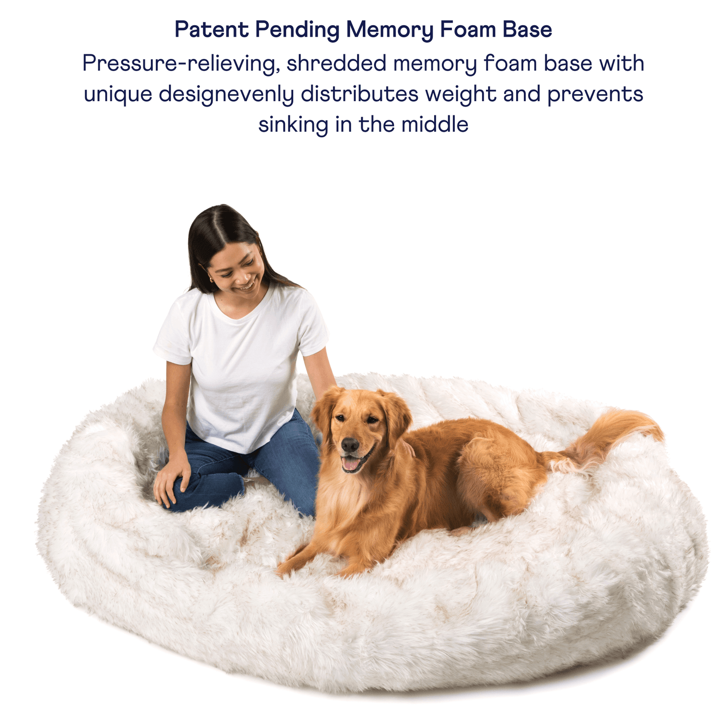 PupCloud™ Human-Size Faux Fur Memory Foam Dog Bed - White with Brown Accents Paw