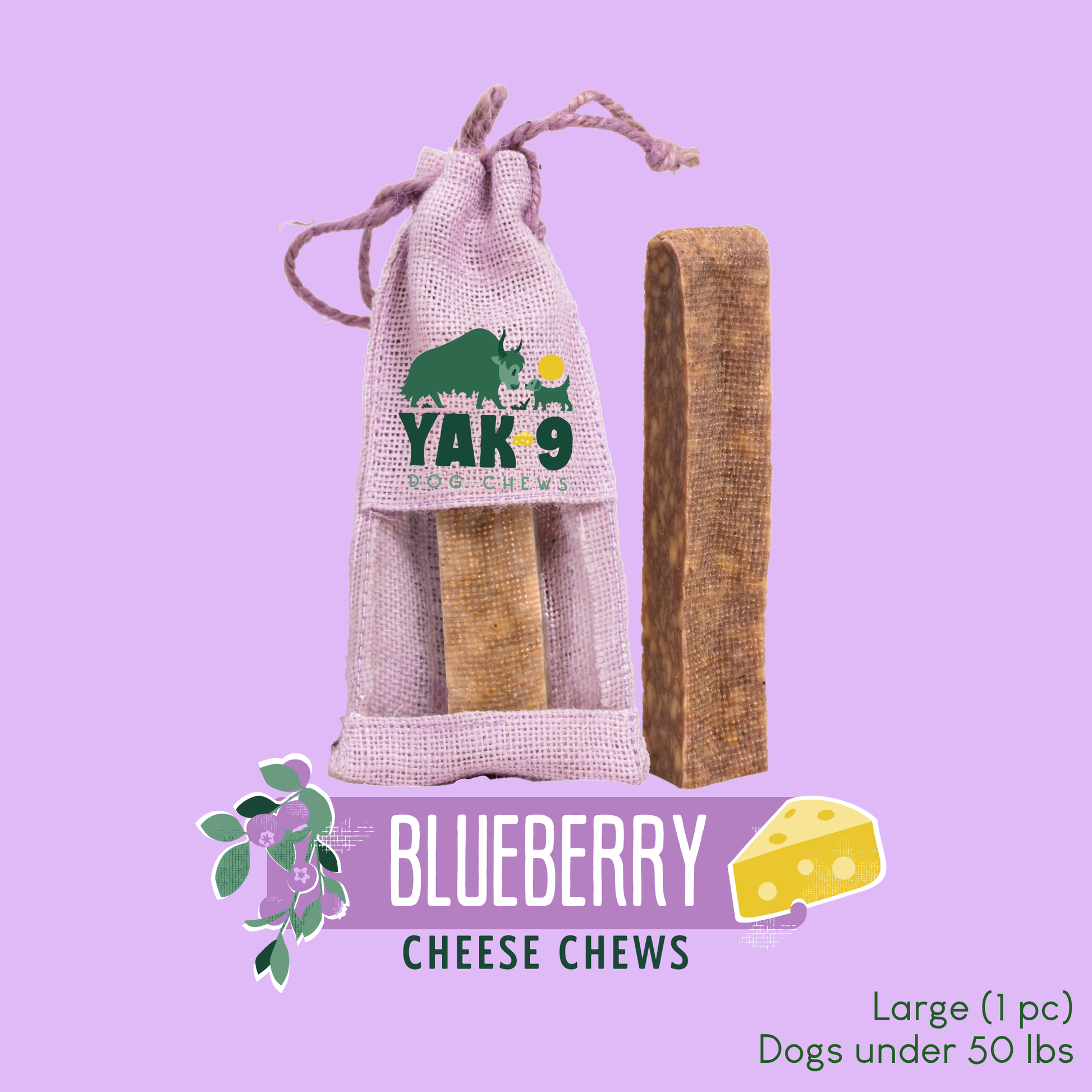 Blueberry Cheese Chews for Dogs Large (4oz) 1 pack BLUEBERRY YAK CHEWS Yak9 Chews