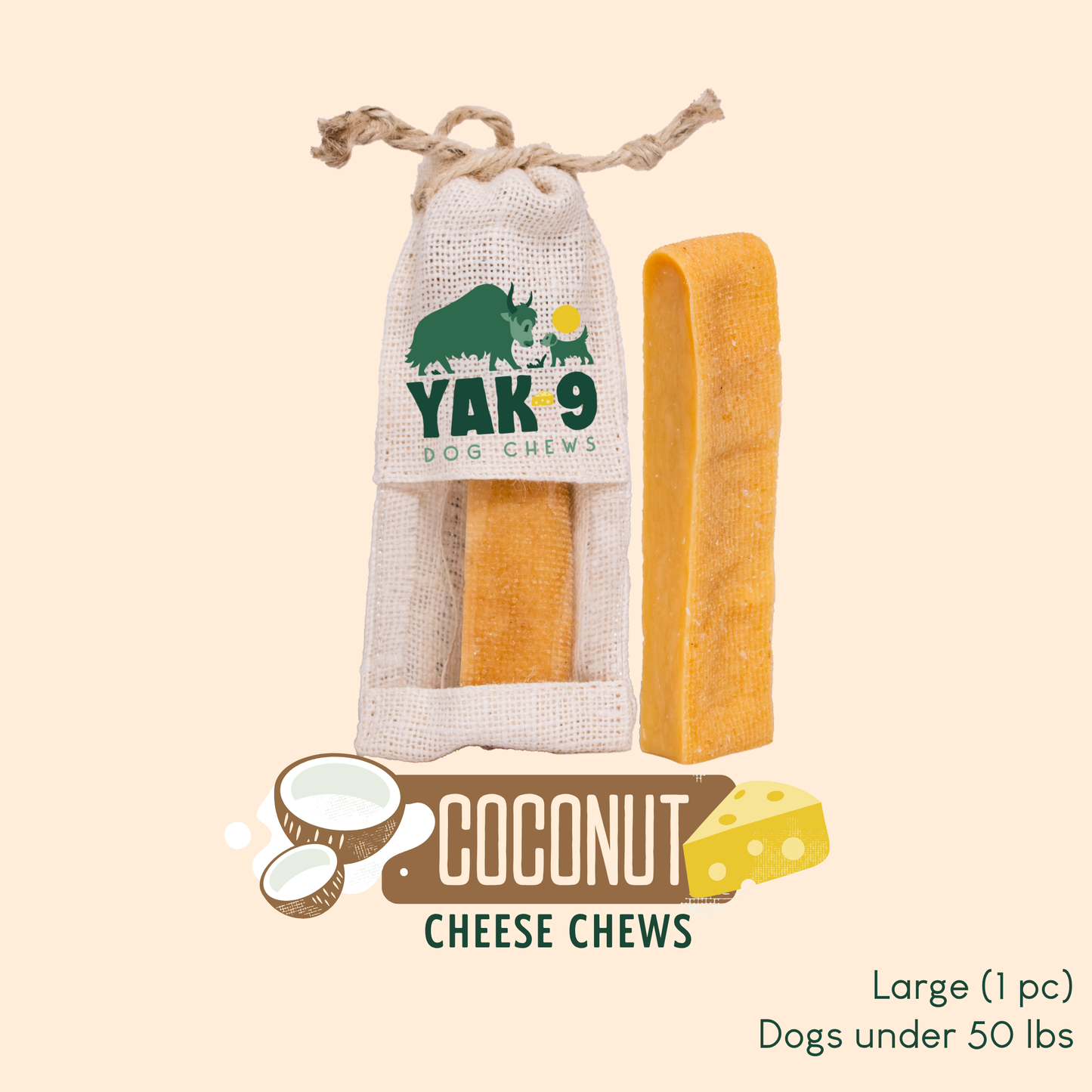 Coconut Cheese Chews for Dogs Large (4oz) 1 pack COCONUT YAK CHEWS Yak9 Chews