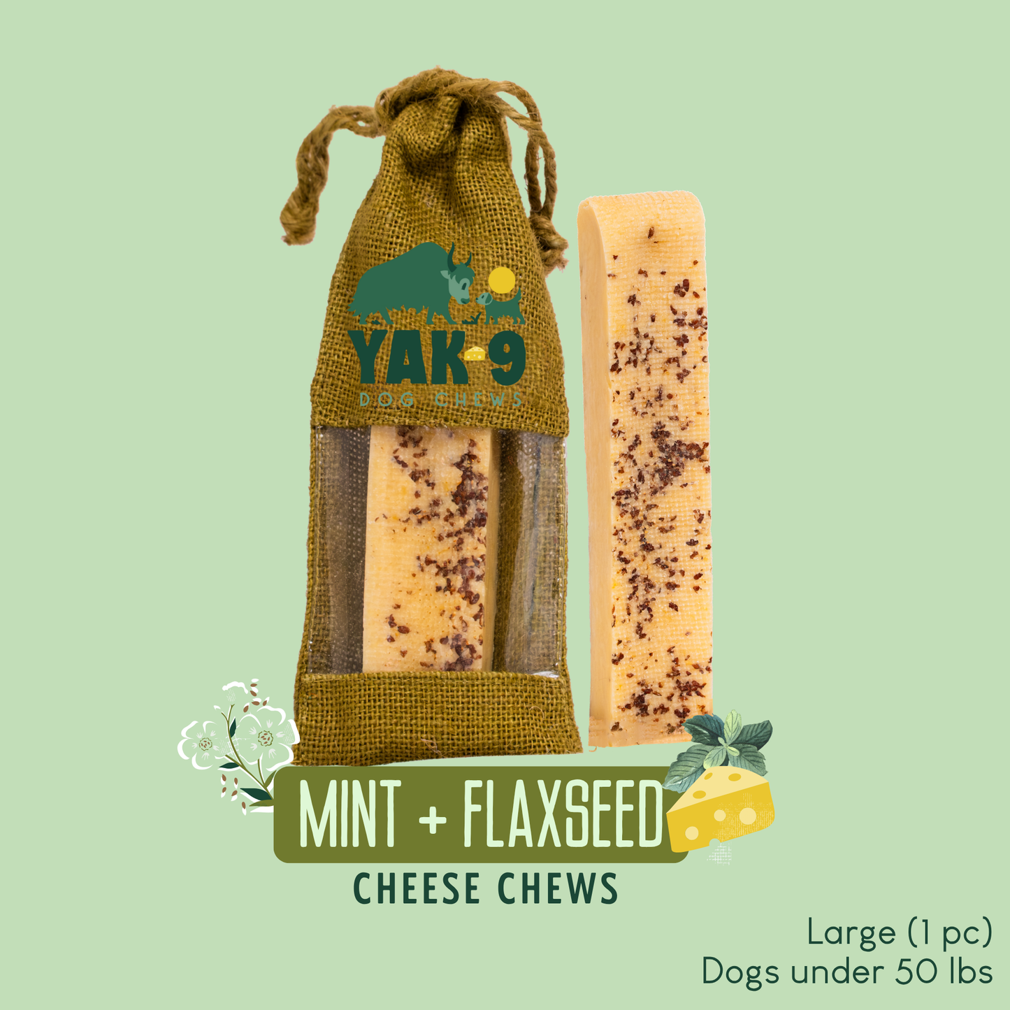 Flaxseed & Mint Cheese Chews for Dogs Large (4oz) 1 pack FLAXSEED YAK CHEWS Yak9 Chews