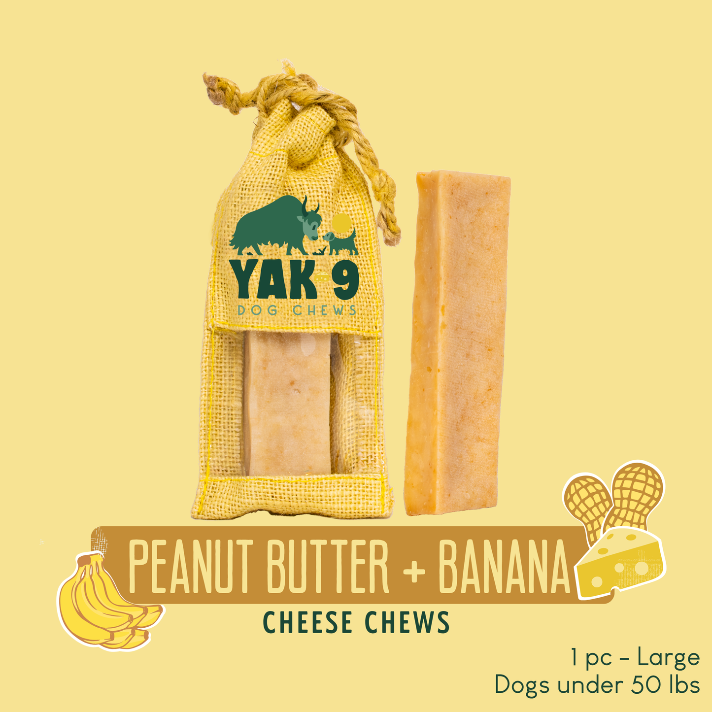 Peanut Butter & Banana Chews for Dogs Large (4oz) Peanut Butter Banana Chews Yak9 Chews