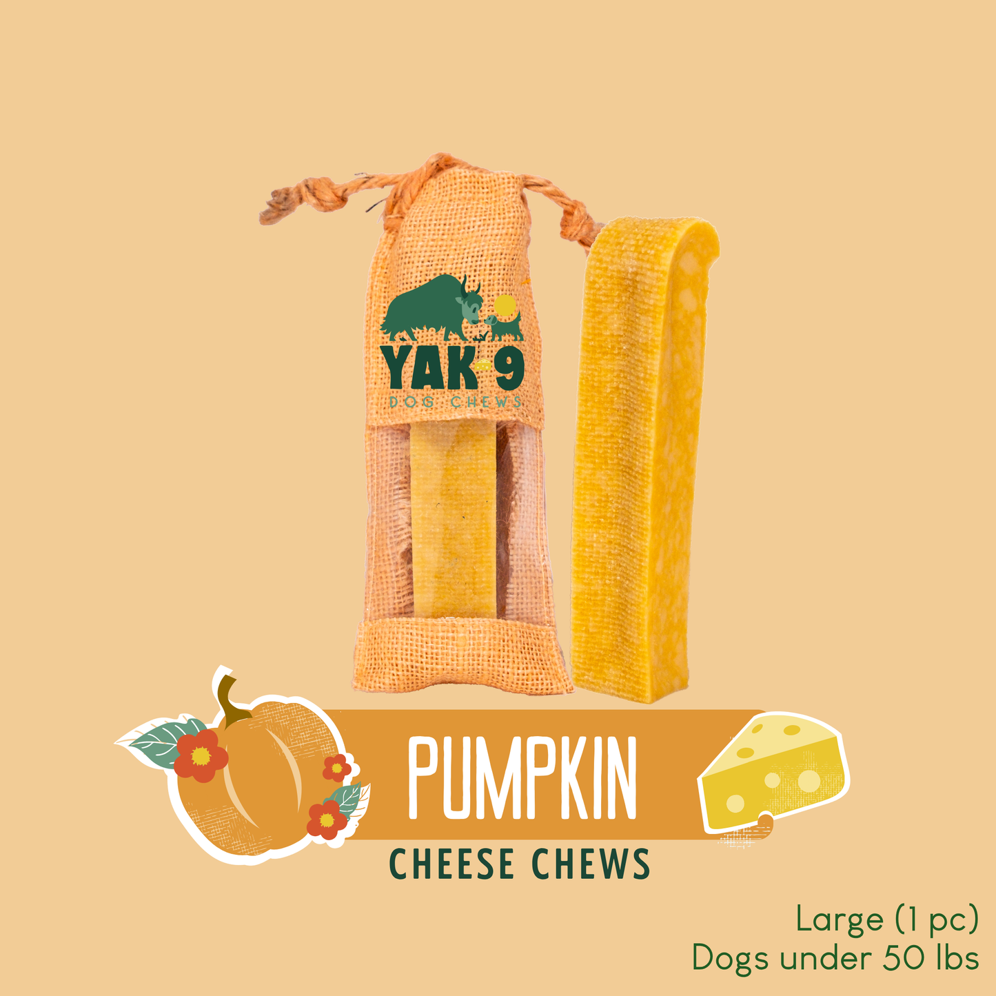 Pumpkin Cheese Chews for Dogs Large (4oz) 1 pack PUMPKIN YAK CHEWS Yak9 Chews