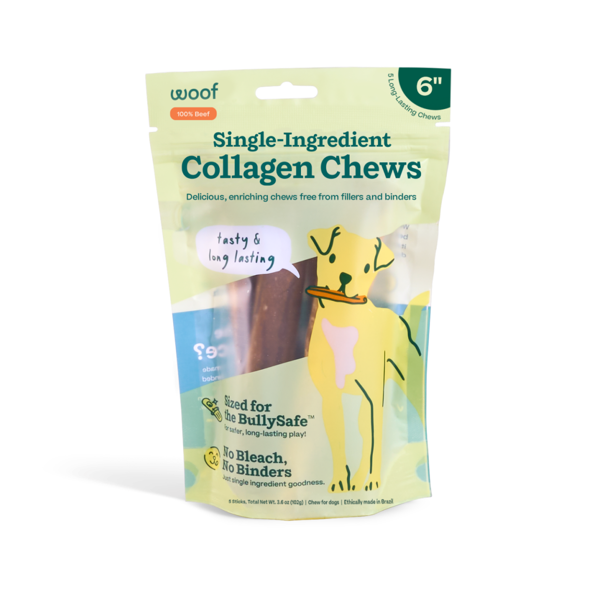 BullySafe Chews - Pure Collagen Beef 6-inch 5 pack Woof
