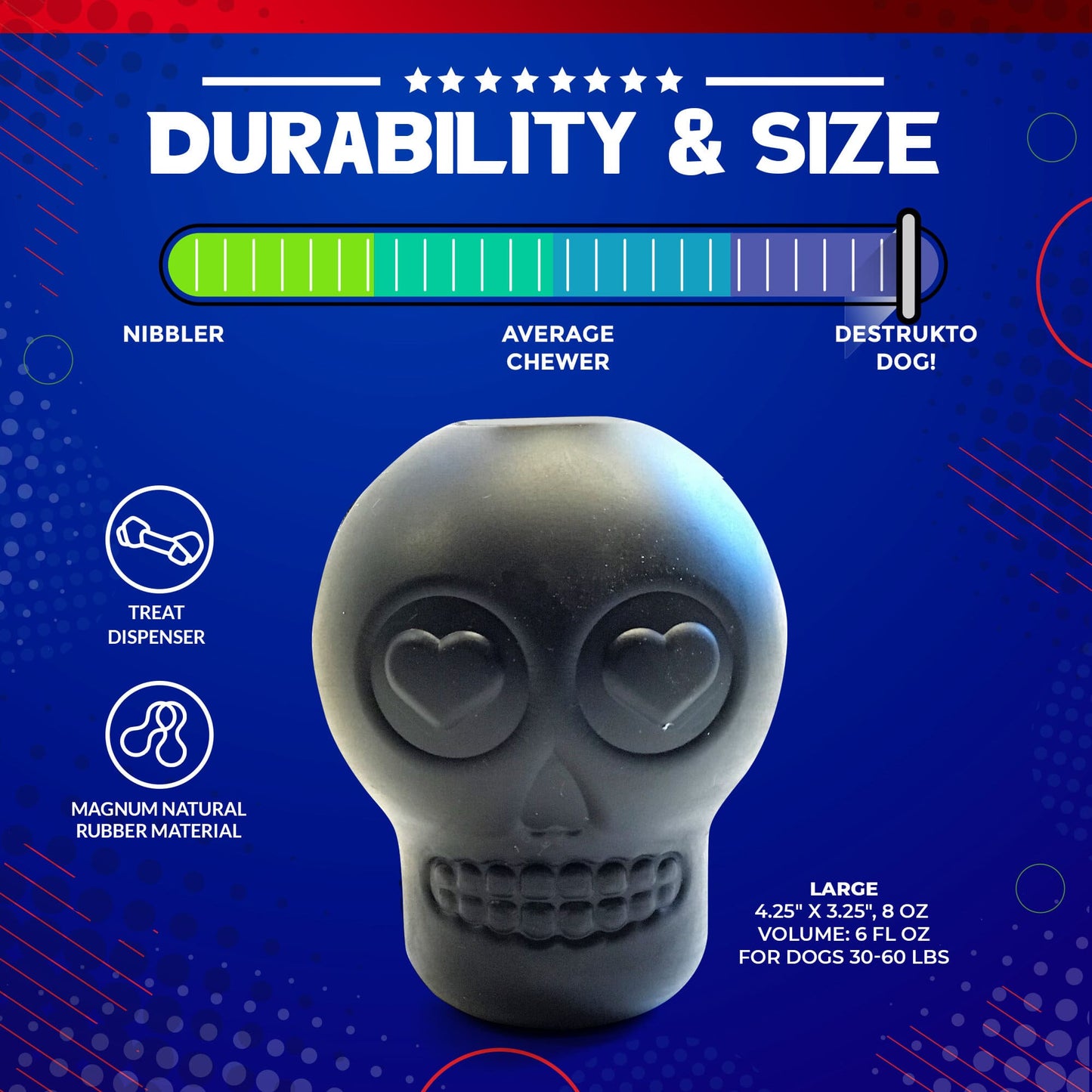 Magnum Sugar Skull Dog Chew Toy & Treat Dispenser - USA Made | SodaPup Rubber Dog Toys SodaPup/True Dogs, LLC