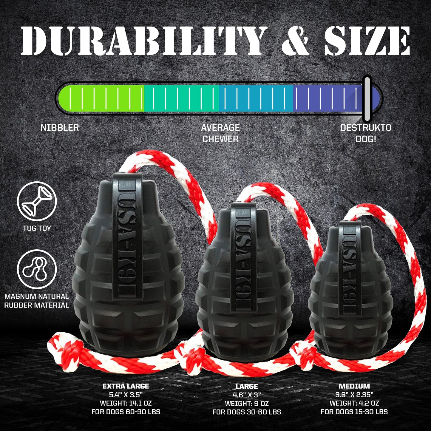 USA-K9 Magnum Grenade - Black Magnum Rubber Chew Toy for Extreme Chewers | USA Made Rubber Dog Toys SodaPup/True Dogs, LLC