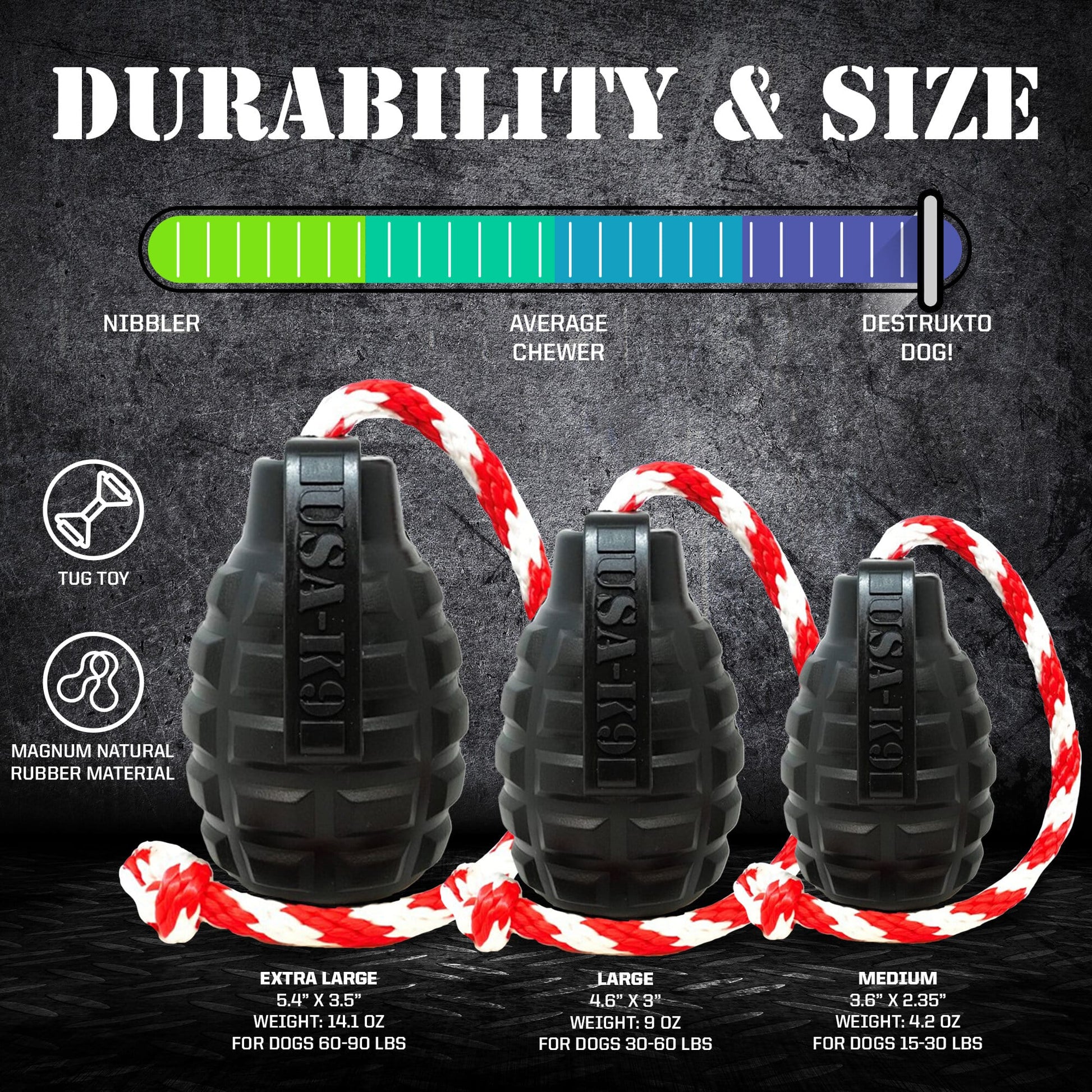 USA-K9 Magnum Grenade - Black Magnum Rubber Chew Toy for Extreme Chewers | USA Made Rubber Dog Toys SodaPup/True Dogs, LLC