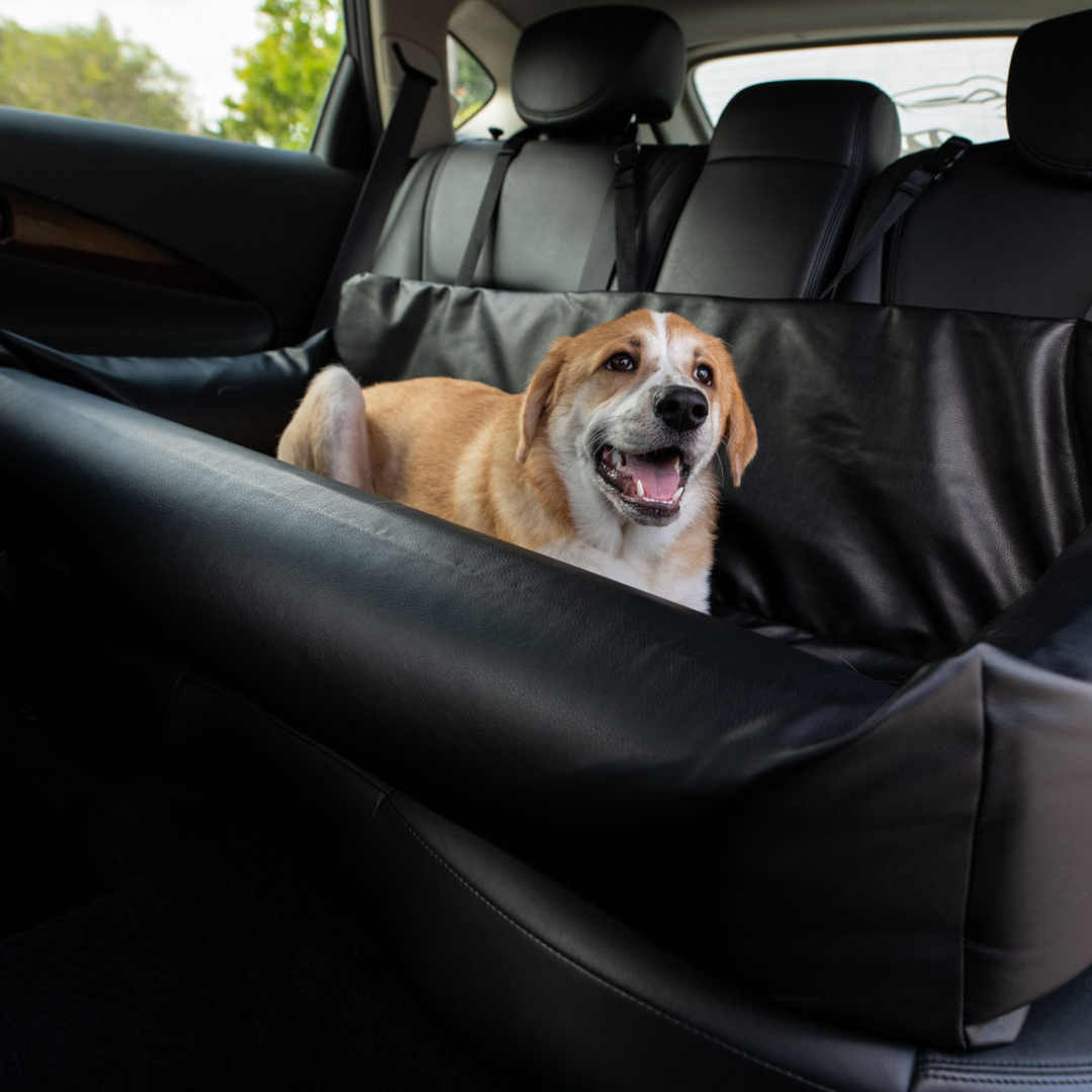 PupProtector™ Faux Cool-to-Touch Vegan Leather Memory Foam Dog Car Bed - Black Travel Paw.com
