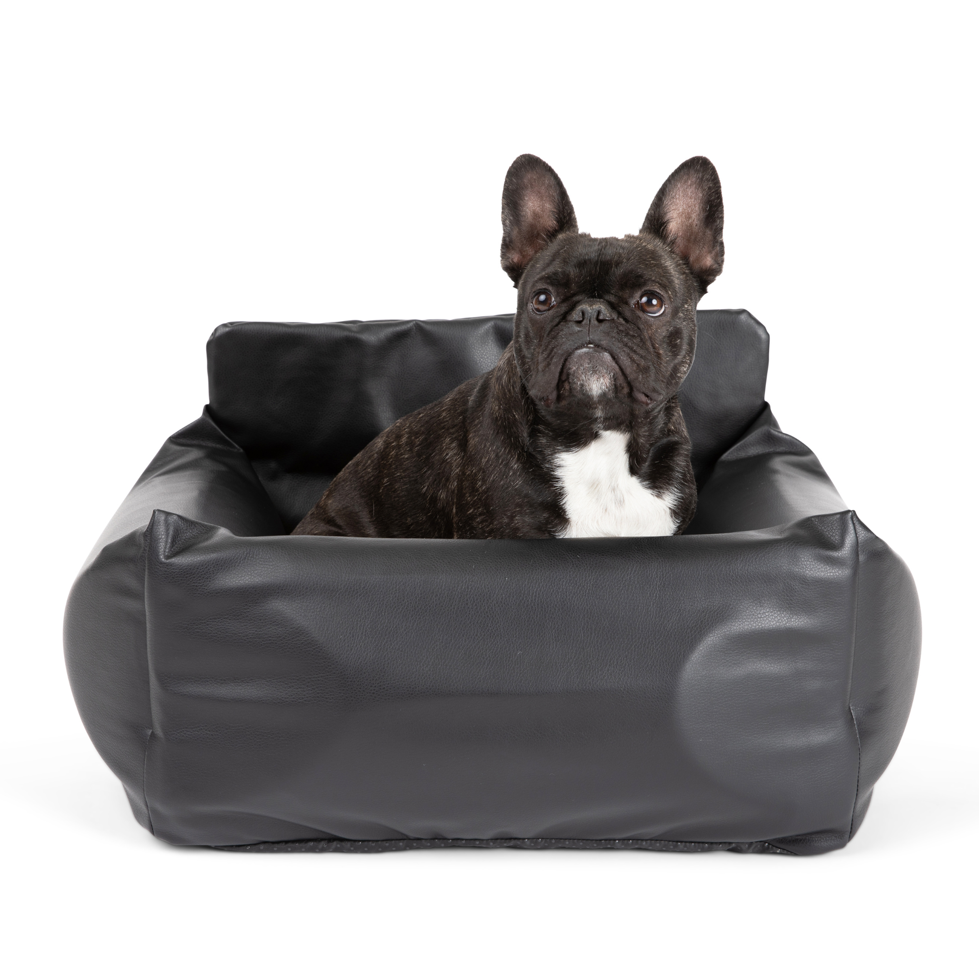 PupProtector™ Faux Cool-to-Touch Vegan Leather Memory Foam Dog Car Bed - Black Travel Paw.com