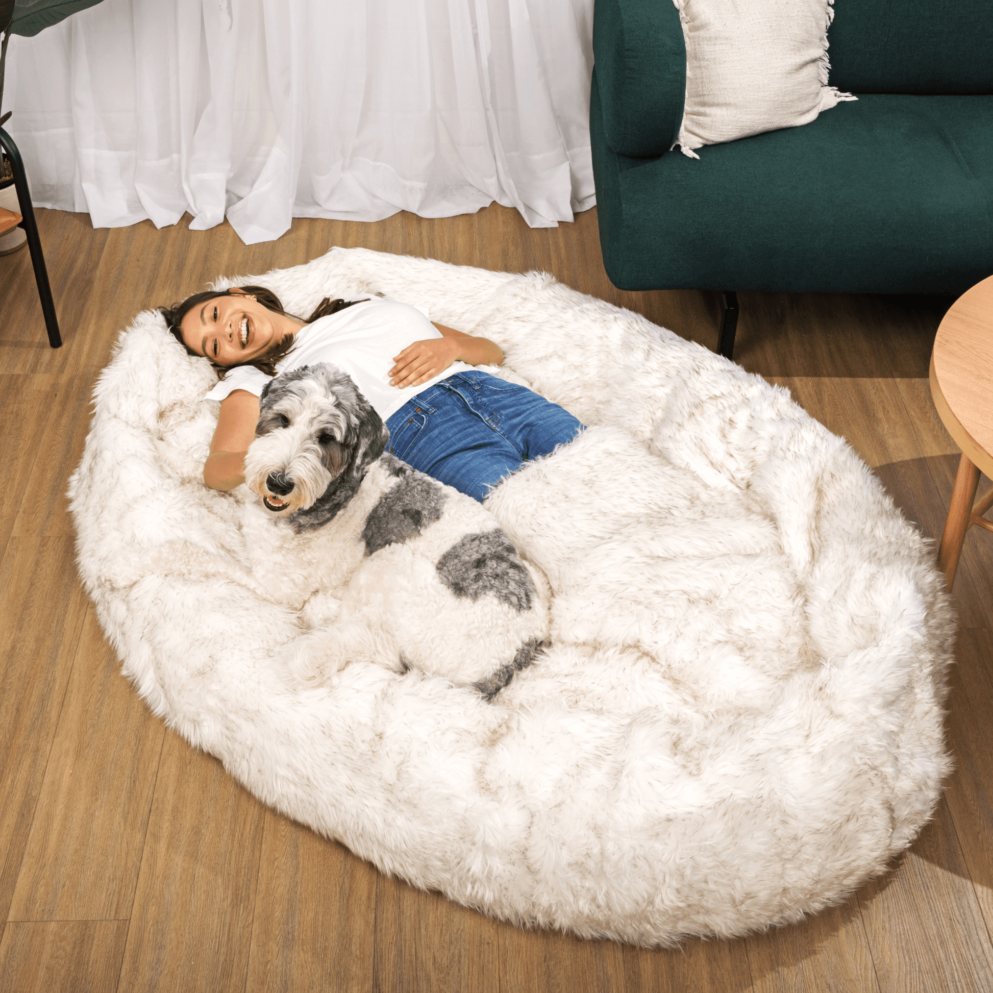 PupCloud™ Human-Size Faux Fur Memory Foam Dog Bed - White with Brown Accents Paw
