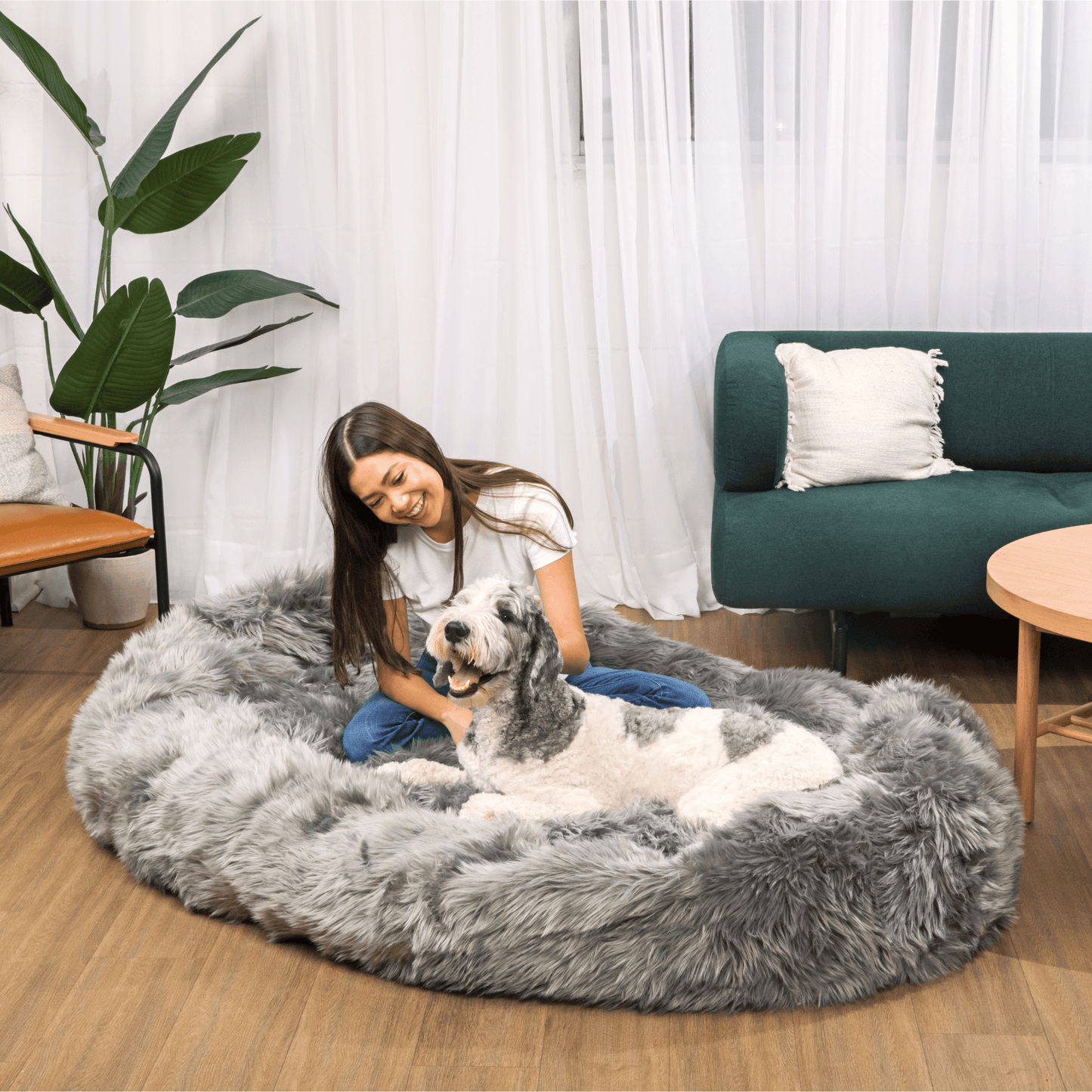 PupCloud™ Human-Size Faux Fur Memory Foam Dog Bed - Charcoal Grey Paw