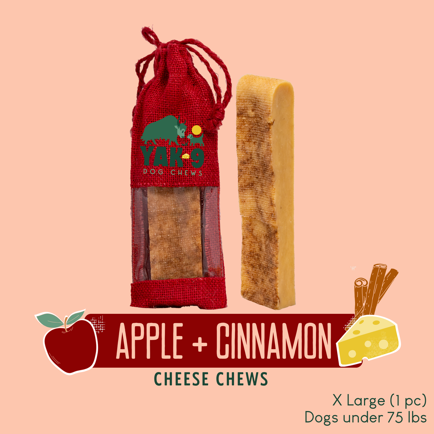Apple & Cinnamon Chews for Dogs XLarge (6oz) 1 pack Apple & Cinnamon Chews Yak9 Chews
