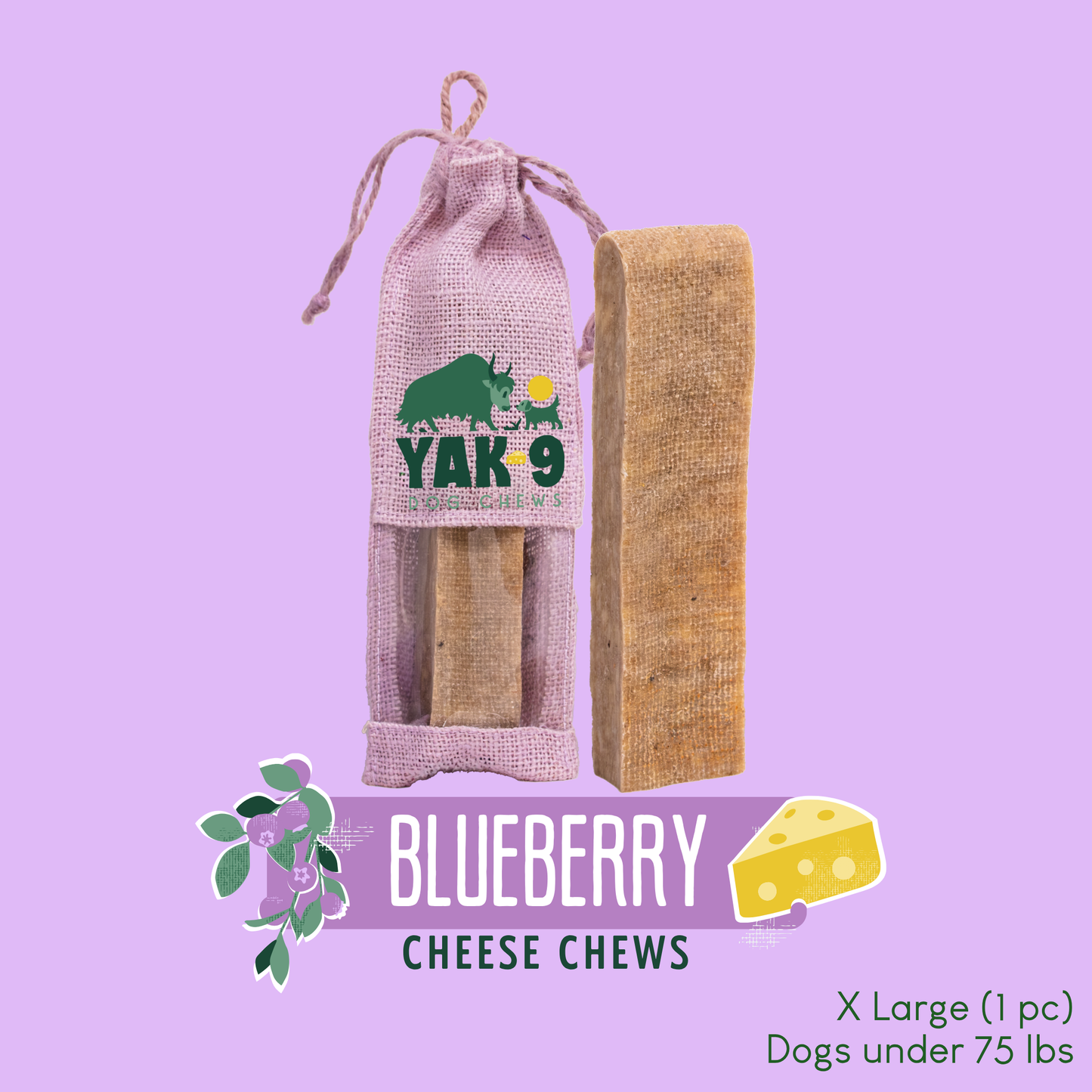 Blueberry Cheese Chews for Dogs XLarge (6oz) 1 pack BLUEBERRY YAK CHEWS Yak9 Chews