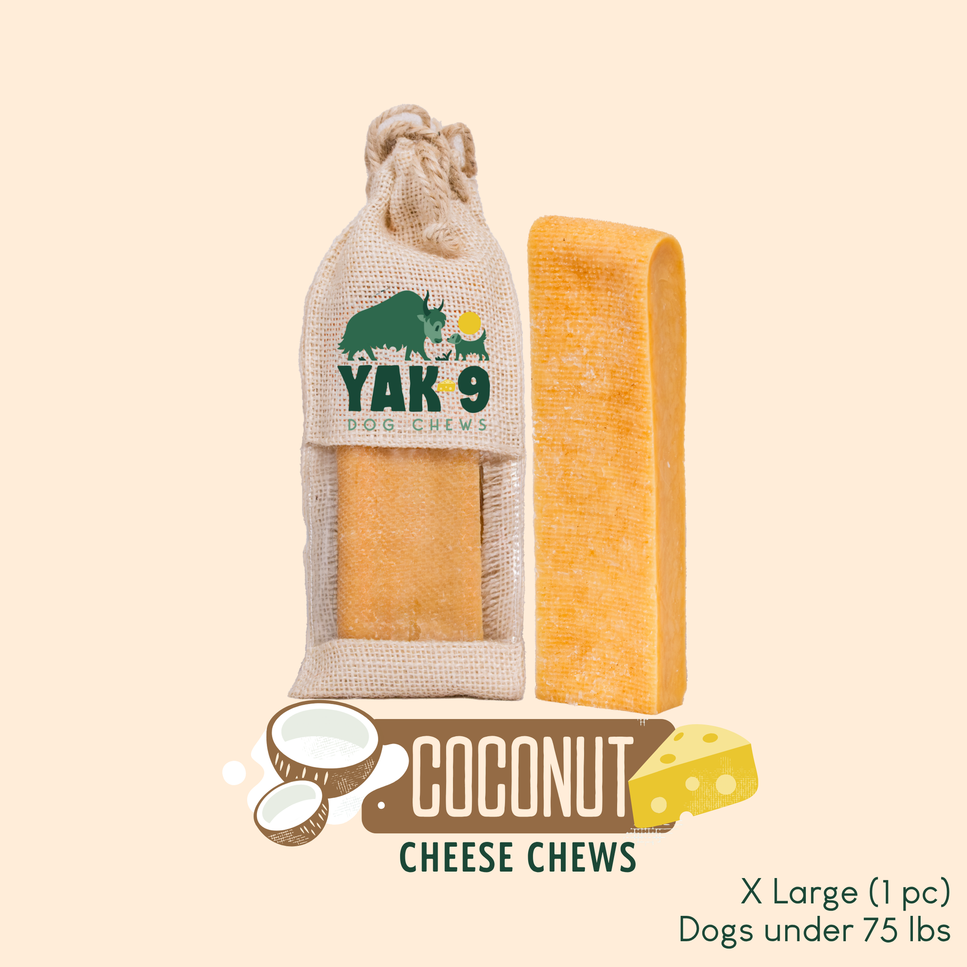 Coconut Cheese Chews for Dogs XLarge (6oz) 1 pack COCONUT YAK CHEWS Yak9 Chews