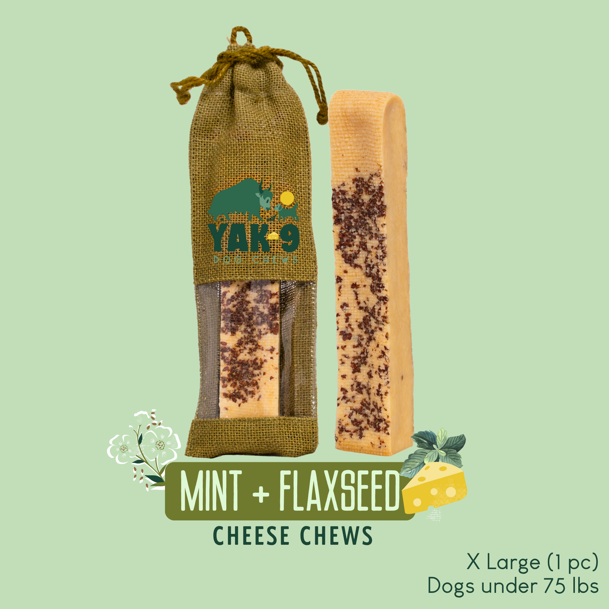 Flaxseed & Mint Cheese Chews for Dogs XLarge (6oz) 1 pack FLAXSEED YAK CHEWS Yak9 Chews