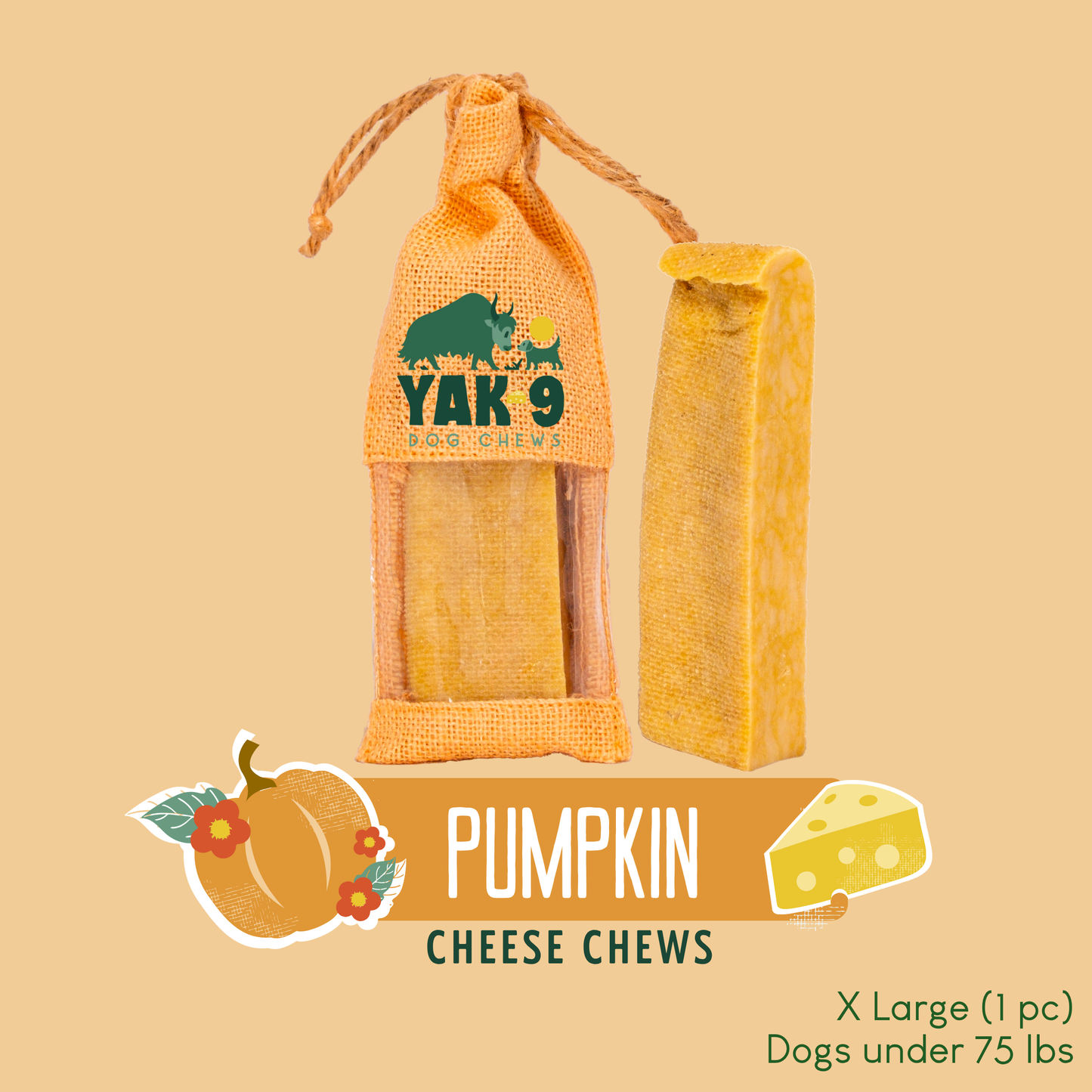 Pumpkin Cheese Chews for Dogs XLarge (6oz) PUMPKIN YAK CHEWS Yak9 Chews