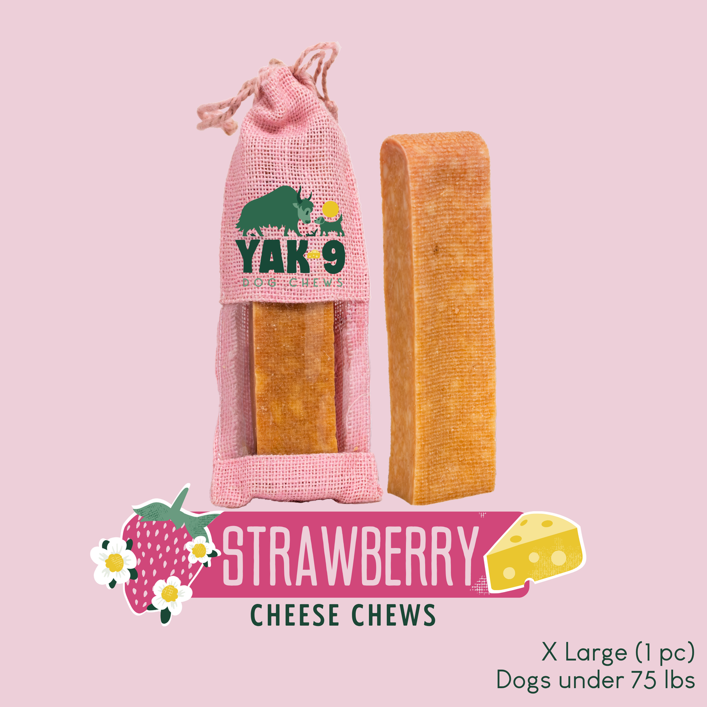 Strawberry Cheese Chews for Dogs XLarge (6oz) 1 pack STRAWBERRY YAK CHEESE CHEWS Yak9 Chews
