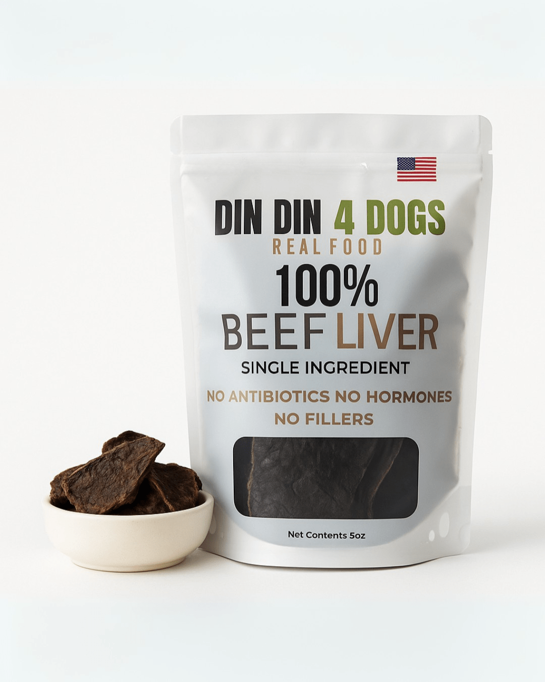 Beef Liver Dog Treats, 5 Ounce Bag, Single Ingredient, High Protein Treat Din Din 4 Dogs