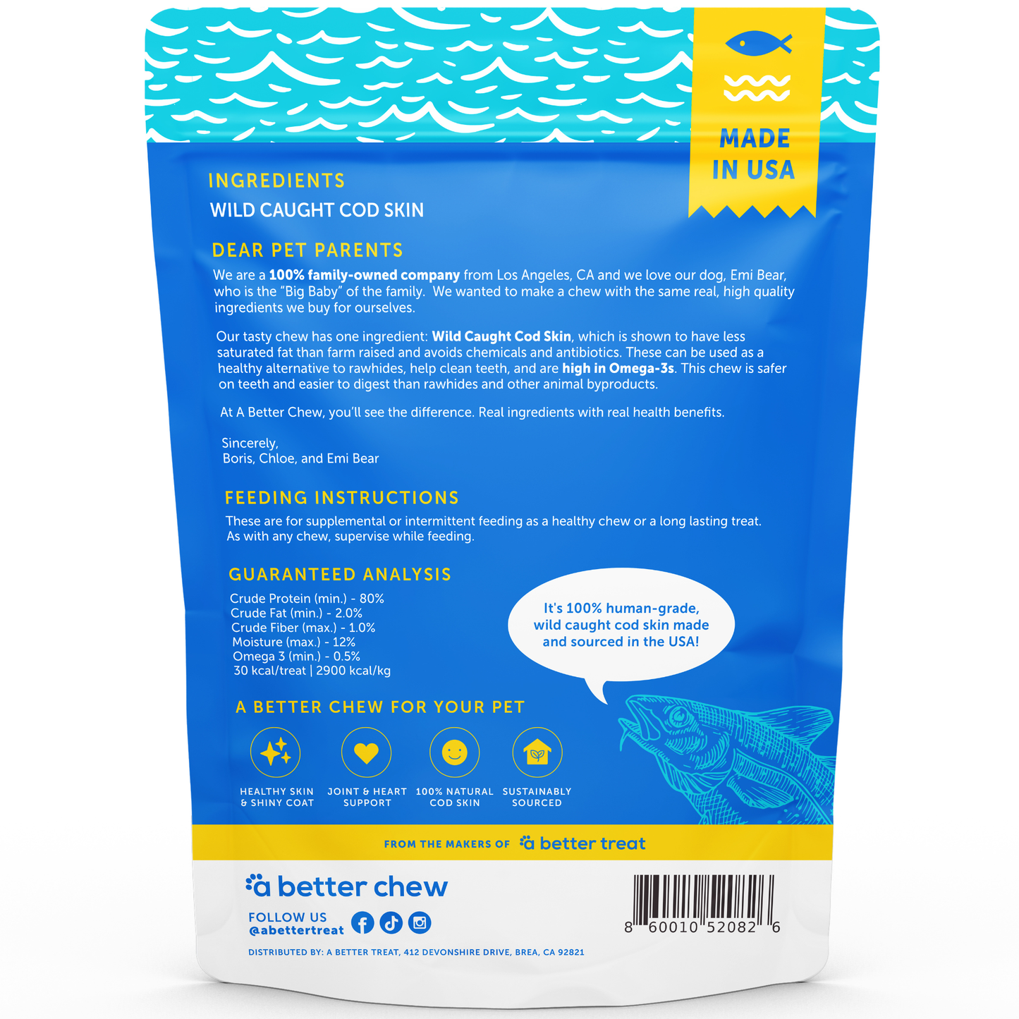 Wild Caught Cod Skin Chews- Natural Alternative to Rawhides - Long Lasting Dog Treats A Better Treat