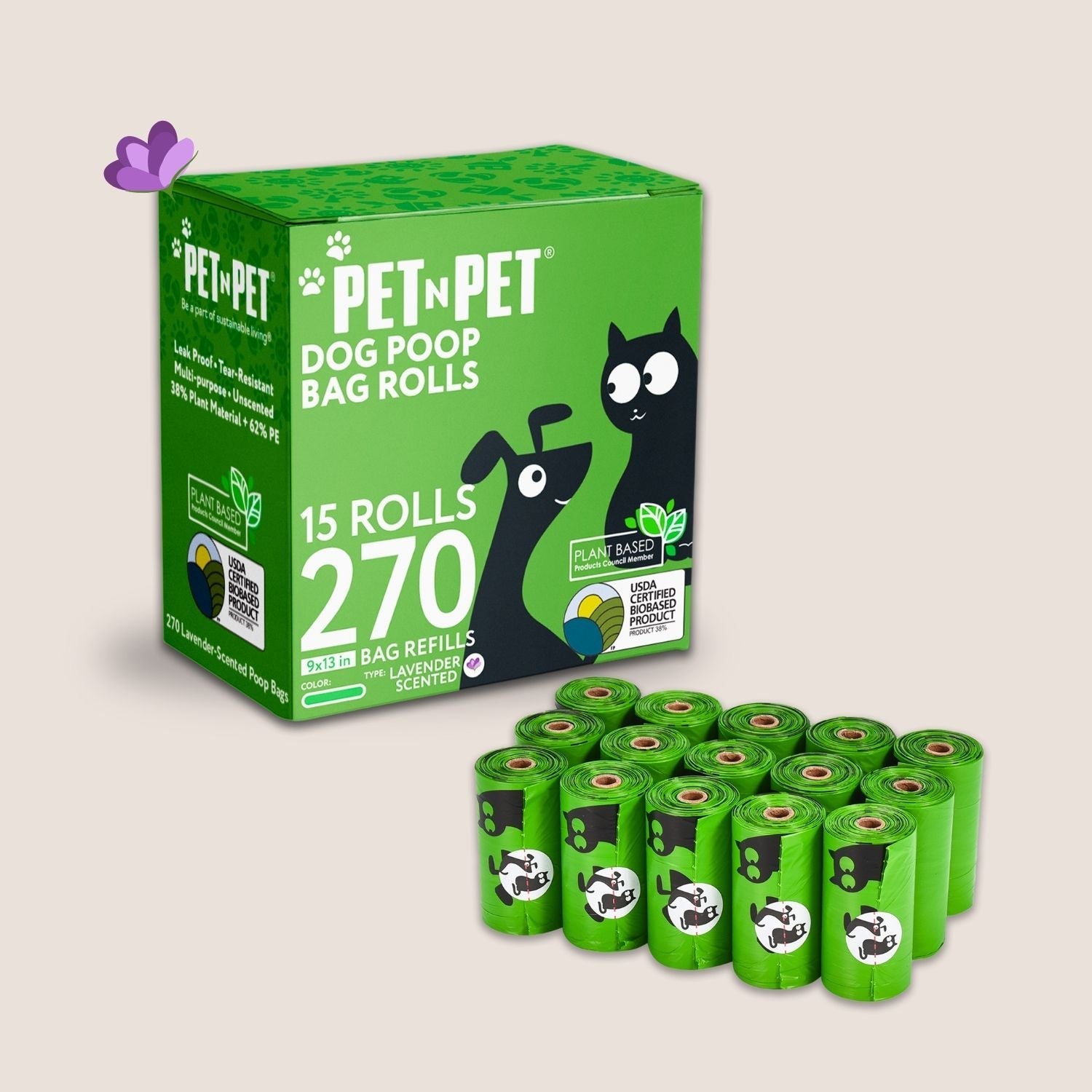 41% Plant-based Poop Bags 270 Lavender Scented Bags Pet Waste Bags Pet N Pet ®