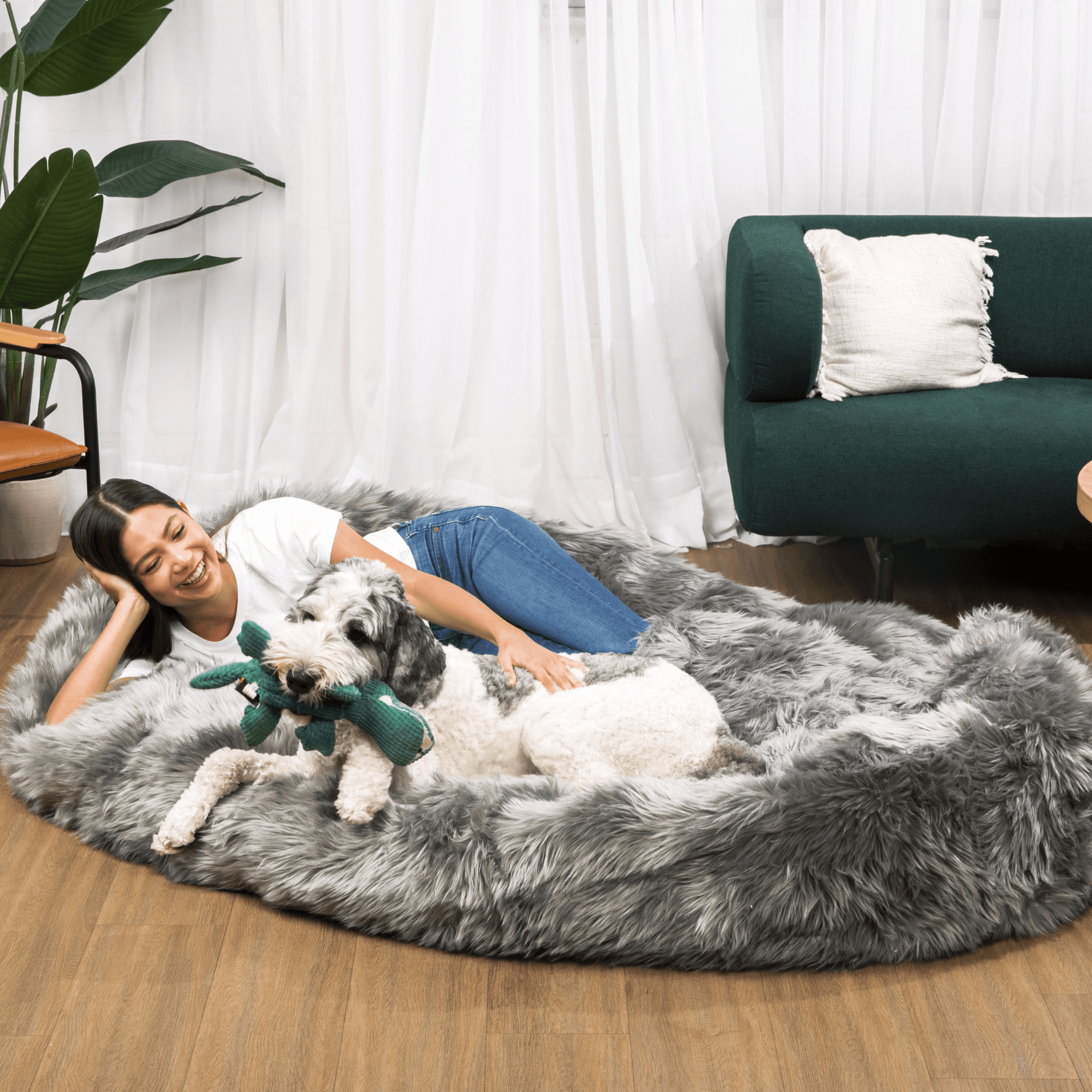 PupCloud™ Human-Size Faux Fur Memory Foam Dog Bed - Charcoal Grey Paw