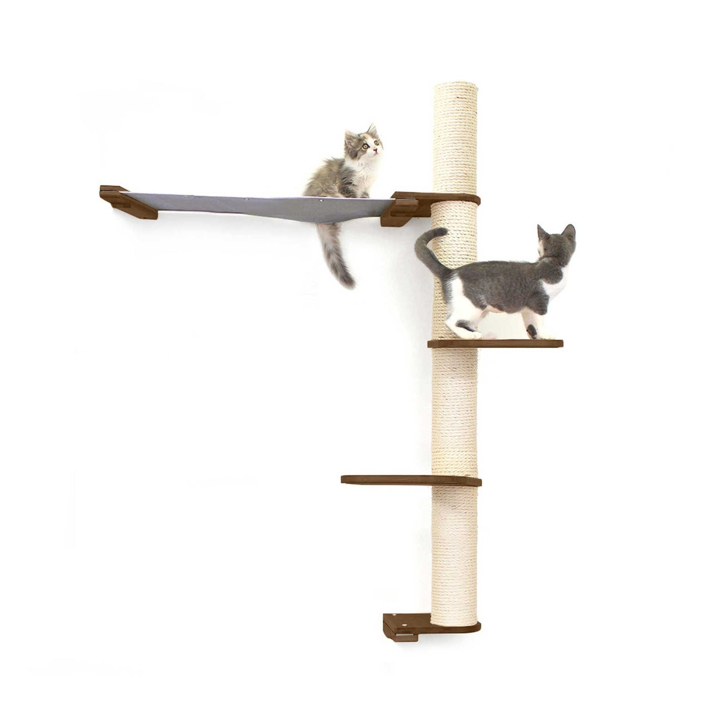 The Crow's Nest - A Wall Cat Scratcher with Hammock English Chestnut Bamboo Charcoal Gray Canvas 3-Tier 32" Cat Condo Catastrophic Creations