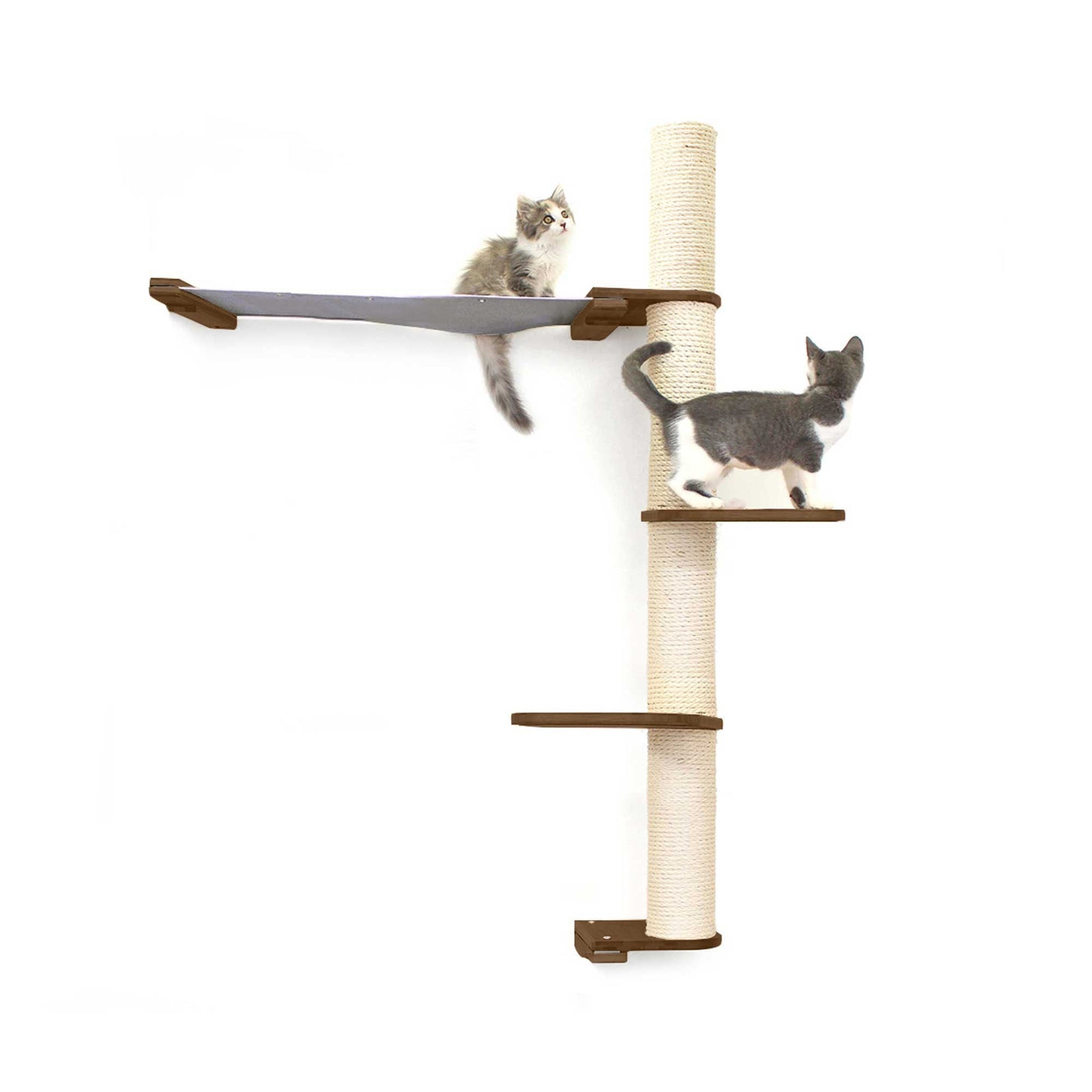 The Crow's Nest - A Wall Cat Scratcher with Hammock English Chestnut Bamboo Charcoal Gray Canvas 3-Tier 32" Cat Condo Catastrophic Creations
