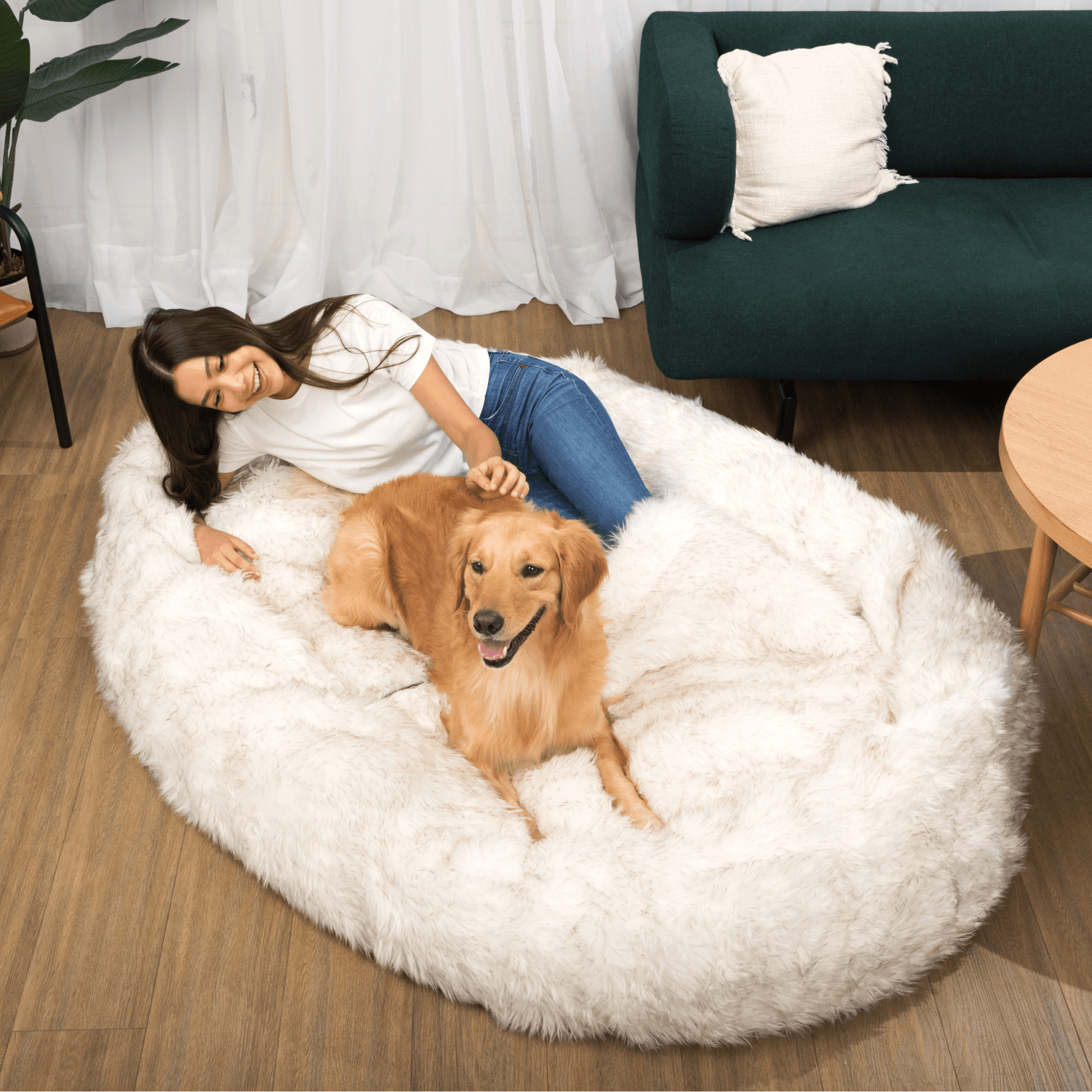 PupCloud™ Human-Size Faux Fur Memory Foam Dog Bed - White with Brown Accents Paw
