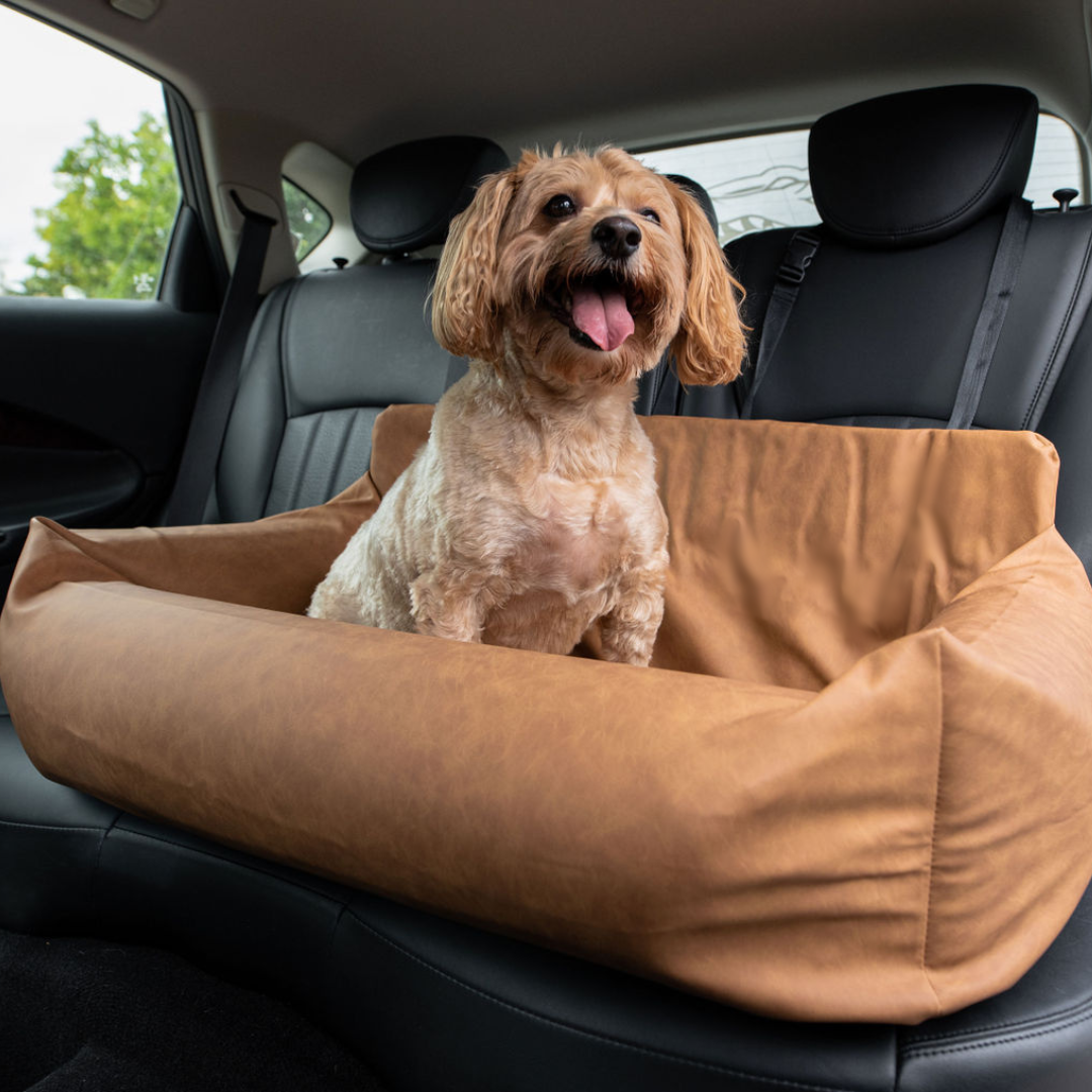 PupProtector™ Faux Cool-to-Touch Vegan Leather Memory Foam Dog Car Bed - Camel Double Seat (36" x 18" x 13") Travel Paw.com