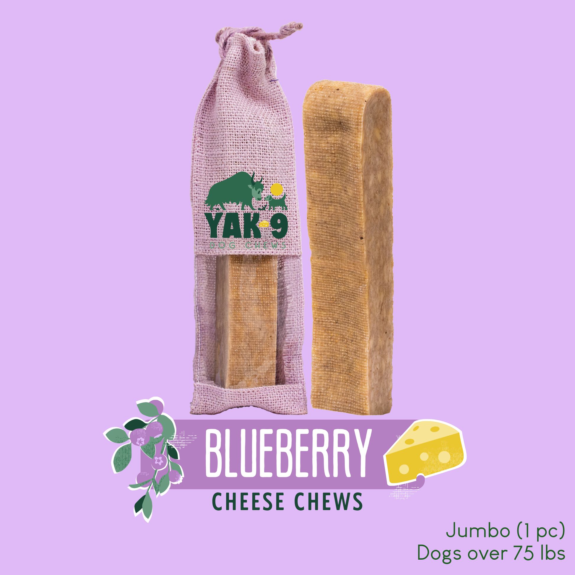 Blueberry Cheese Chews for Dogs Jumbo (8oz) 1 pack BLUEBERRY YAK CHEWS Yak9 Chews